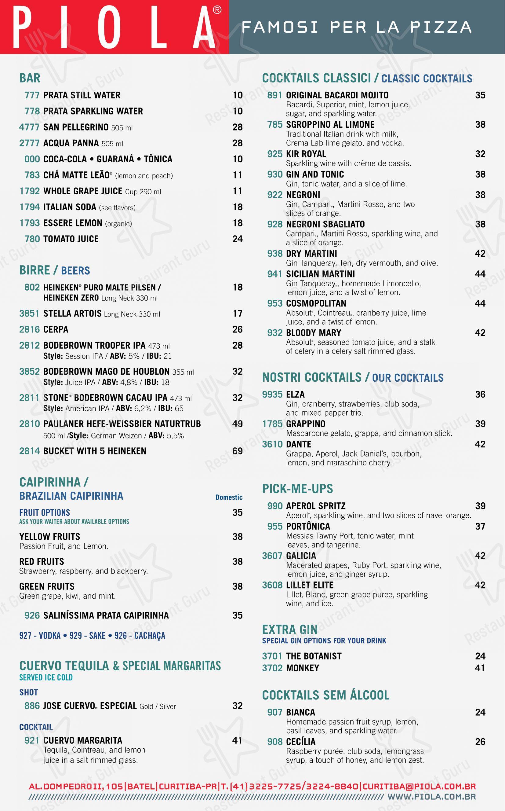 Menu para Piola Curitiba pub & bar
