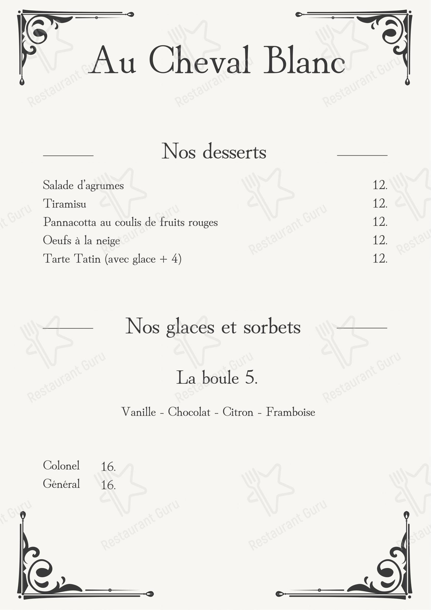 Menu pour Restaurant Au Cheval Blanc à Puplinge dans Puplinge