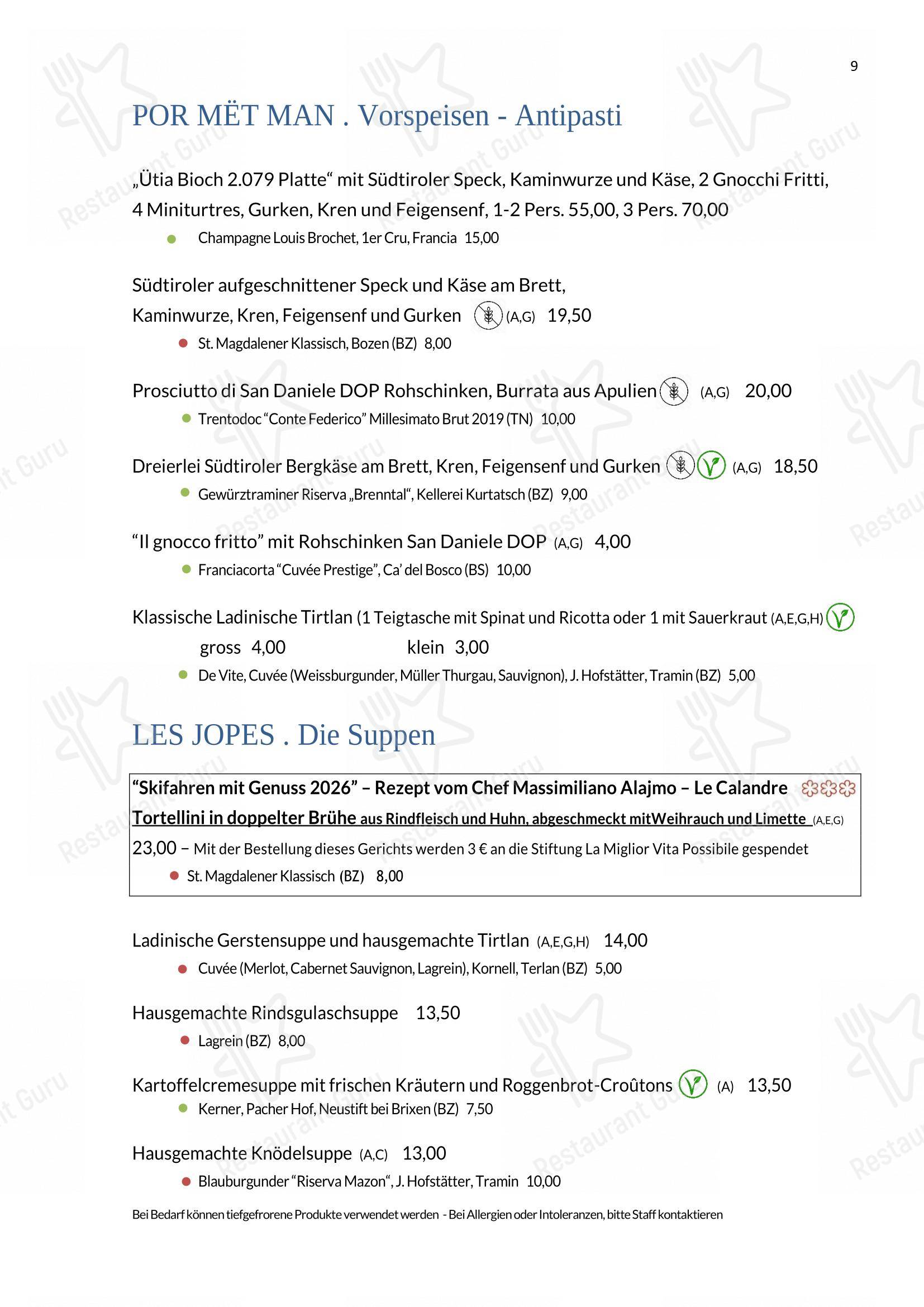 Menu per Rifugio Ütia Bioch in San Cassiano
