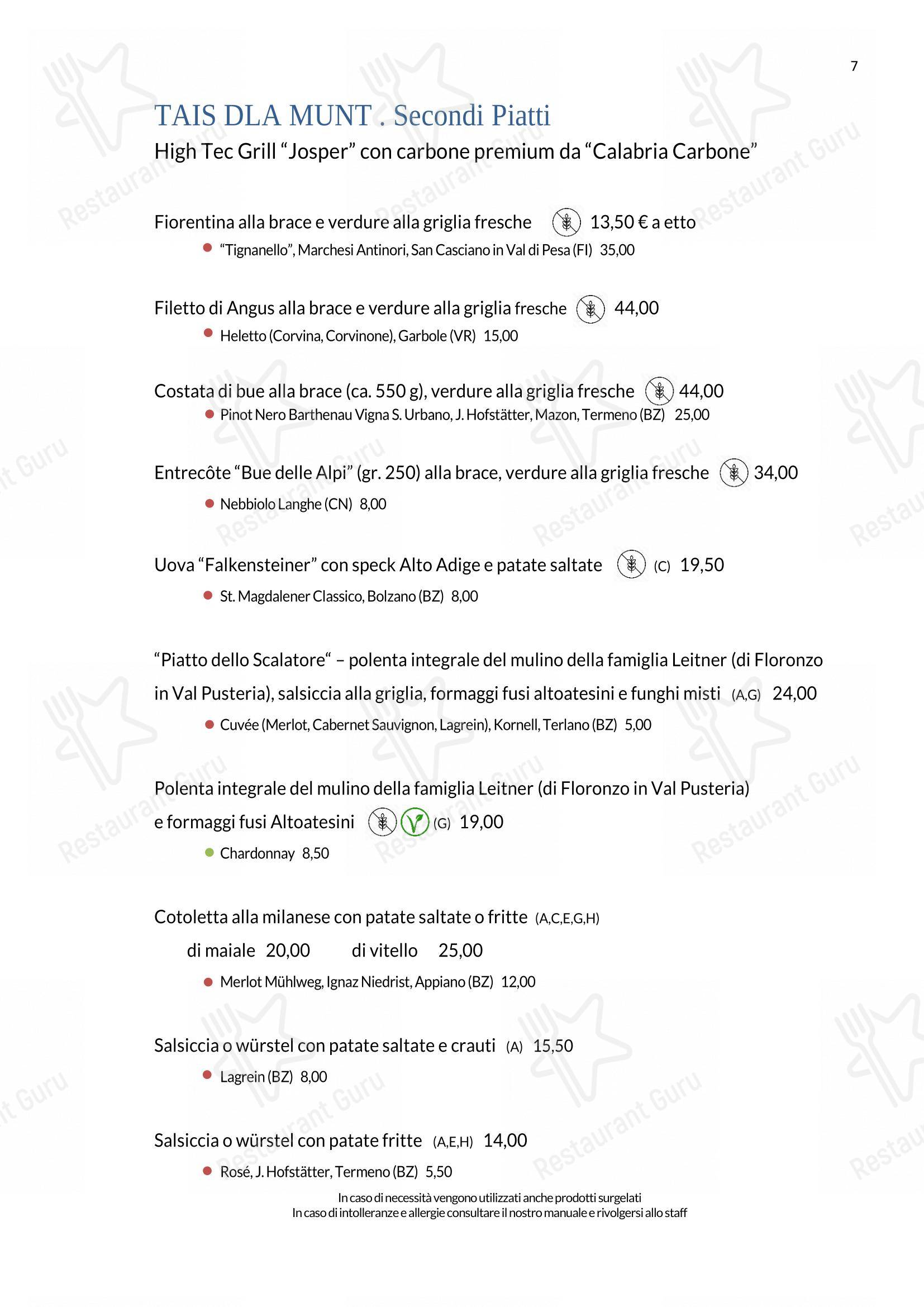 Menu per Rifugio Ütia Bioch ristorante
