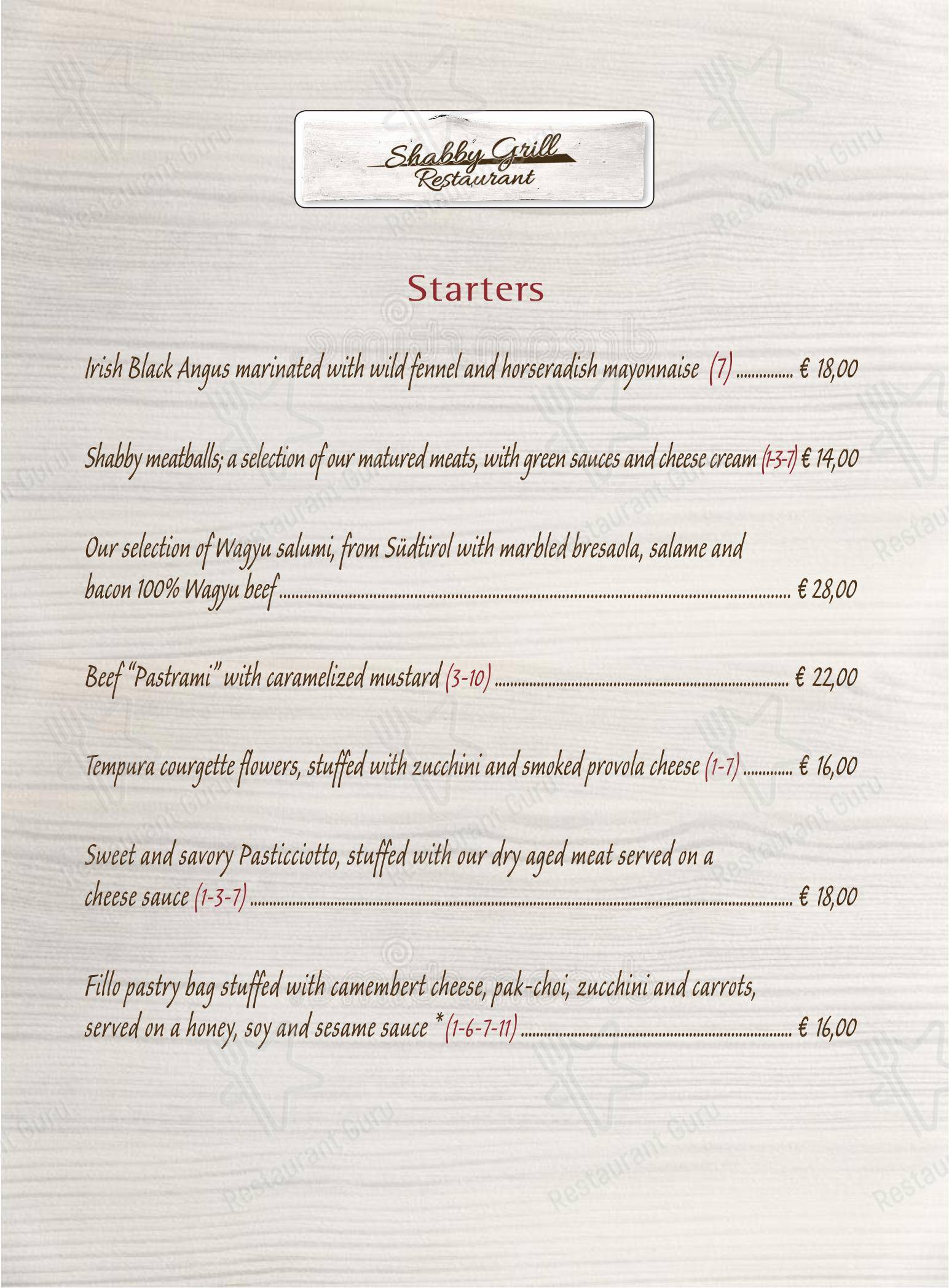 Carta de SHABBY GRILL – LA MIGLIOR CARNE FROLLATA DI MILANO - Menu bar