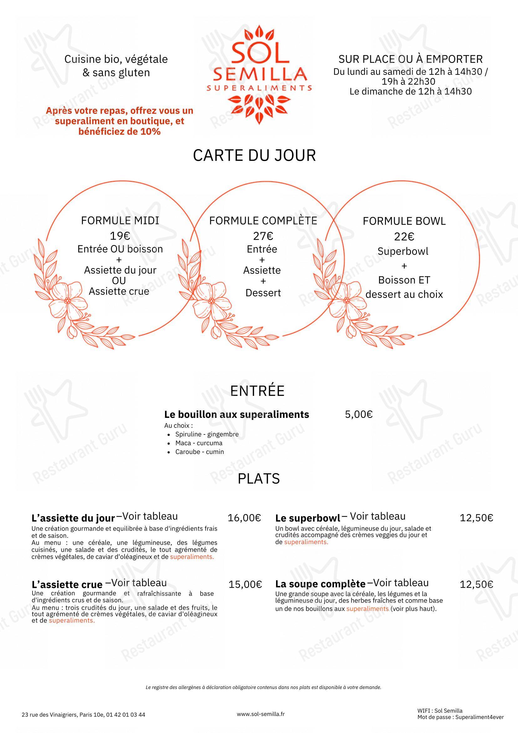 SOL SEMILLA dans Paris - Menu