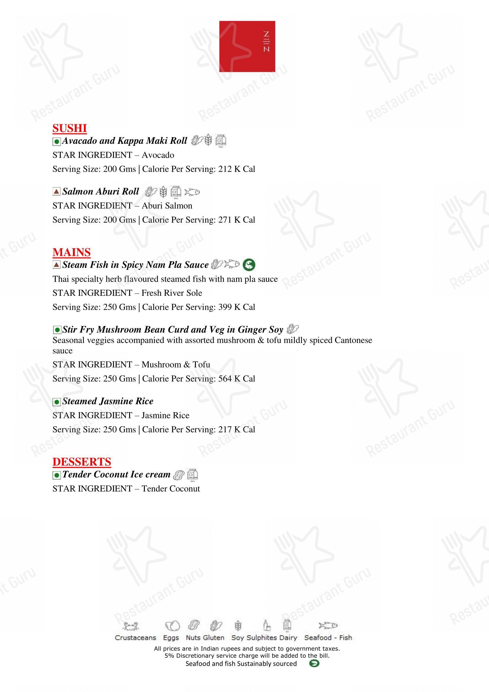 Zen in Bengaluru - Menu