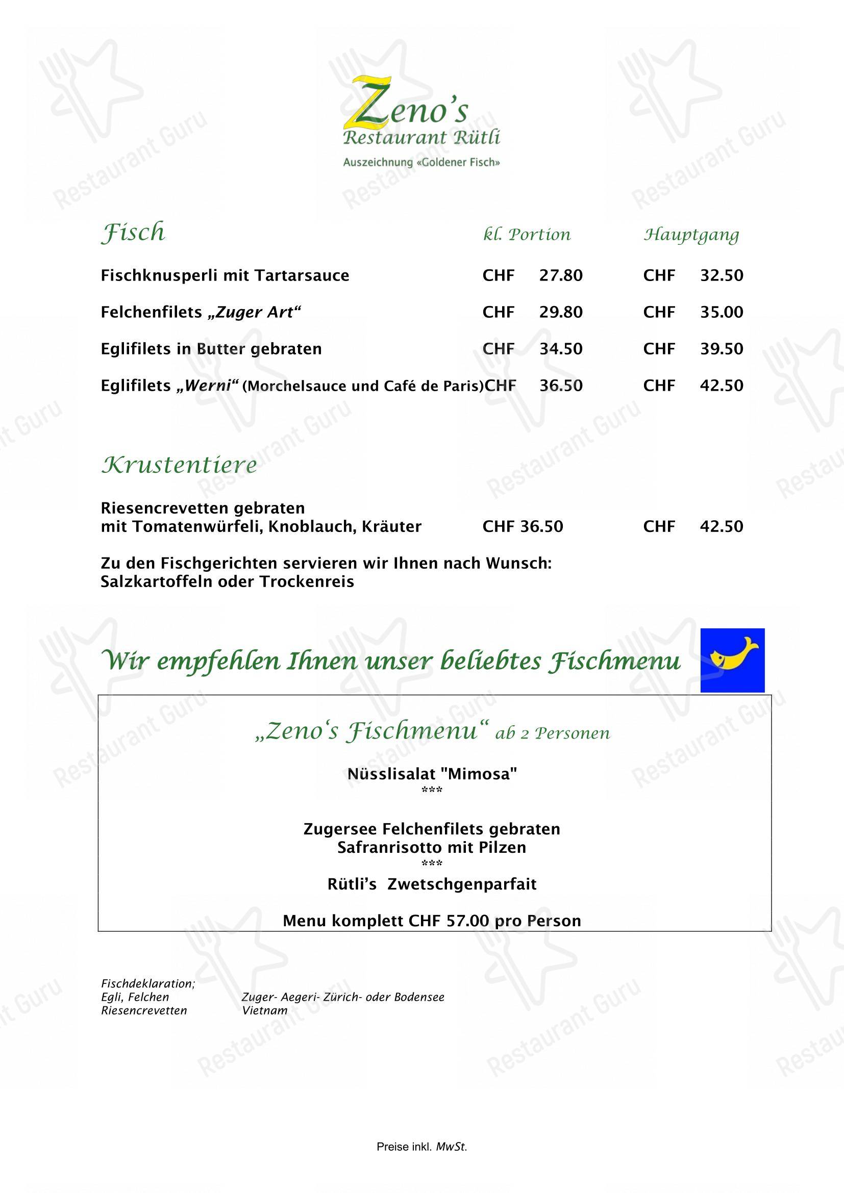 Menu bar per Zeno's Restaurant Rütli ristorante