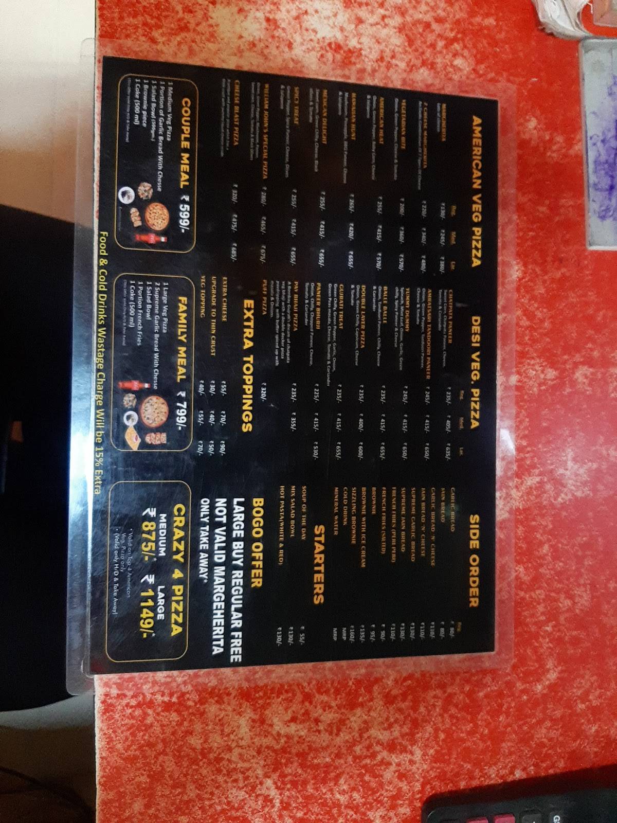 william john’s pizza menu