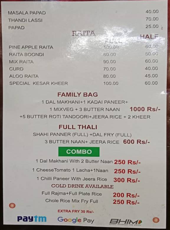 NARANG RASOI menu