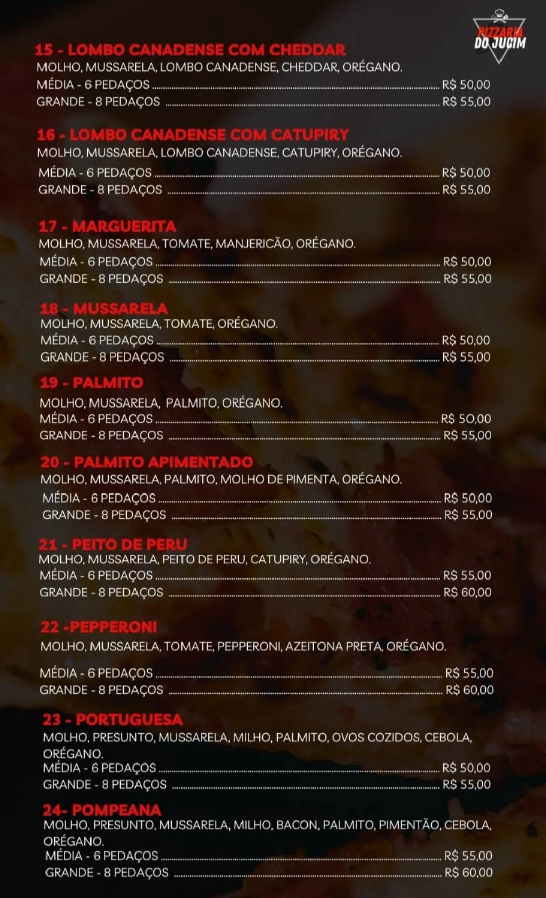 Pizzaria do jucim cardápio