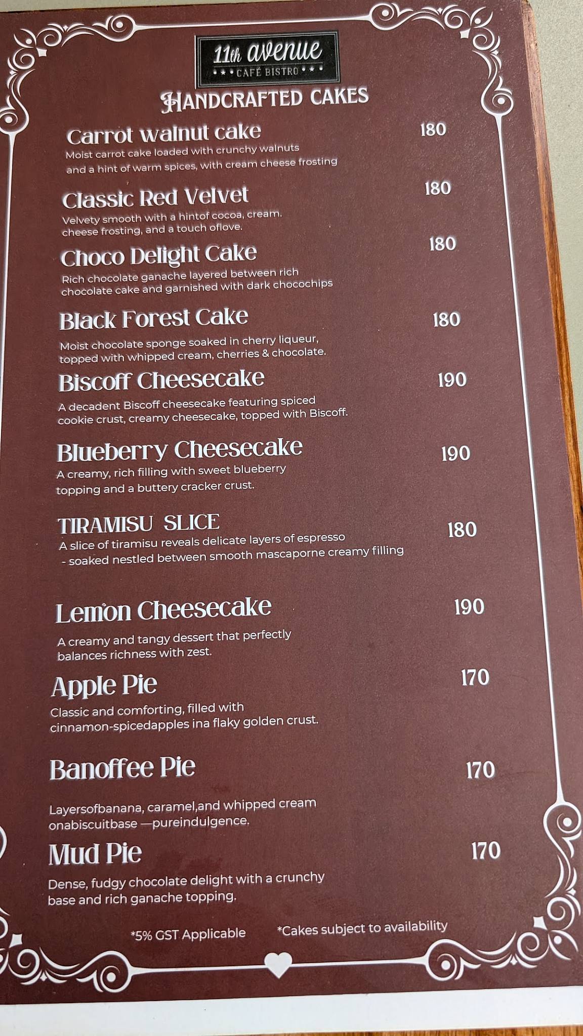 11th Avenue Cafe Bistro menu