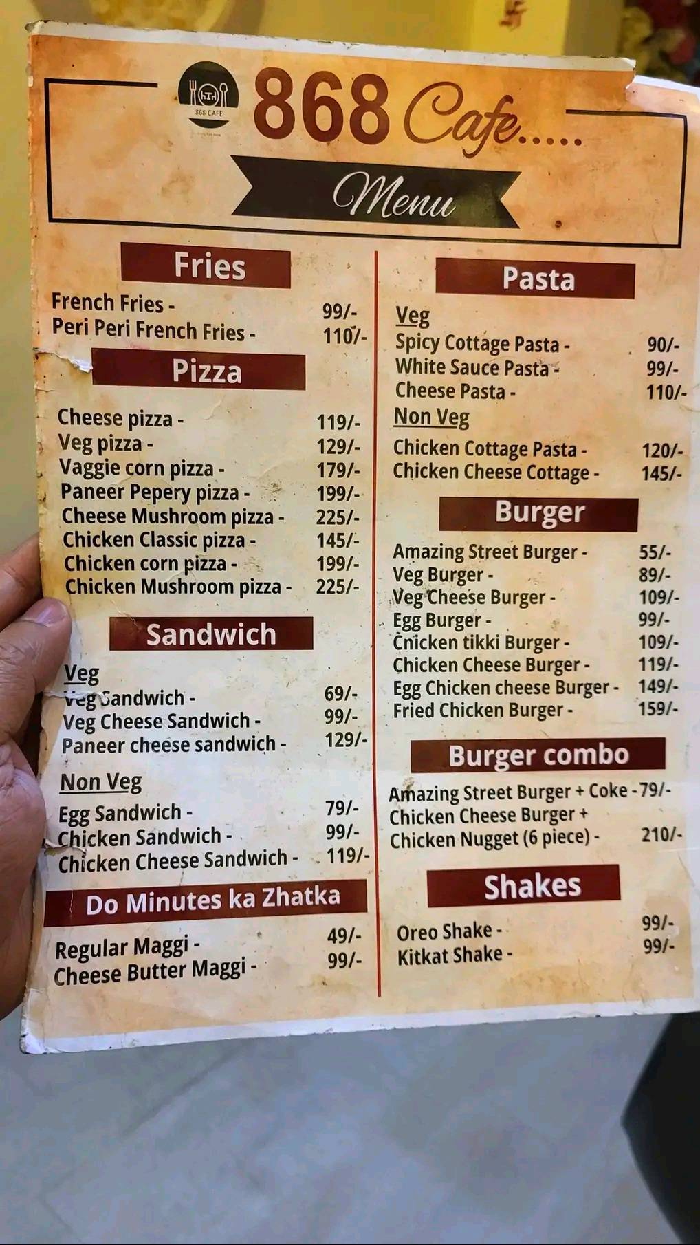 868 Cafe menu
