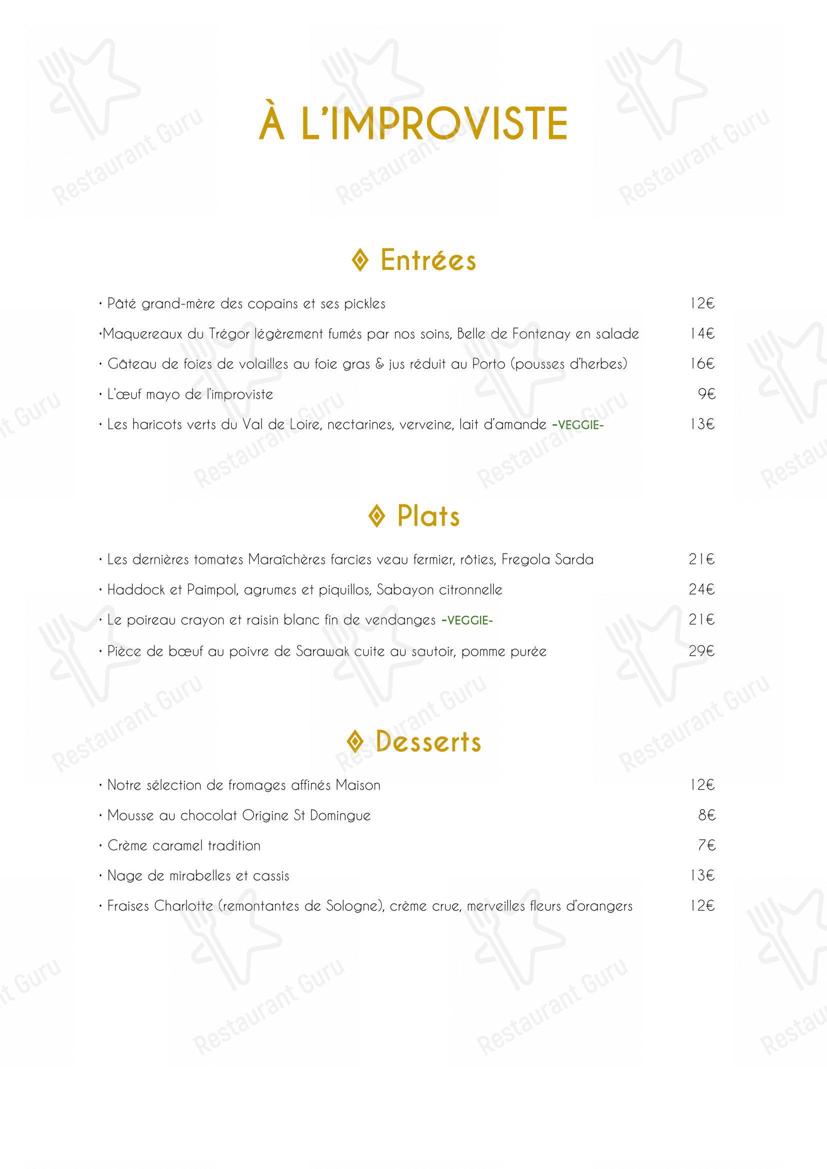 A l'Improviste dans Paris - Menu
