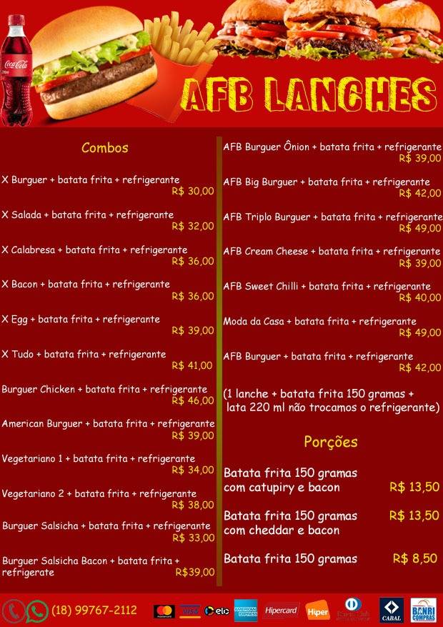AFB LANCHES cardápio