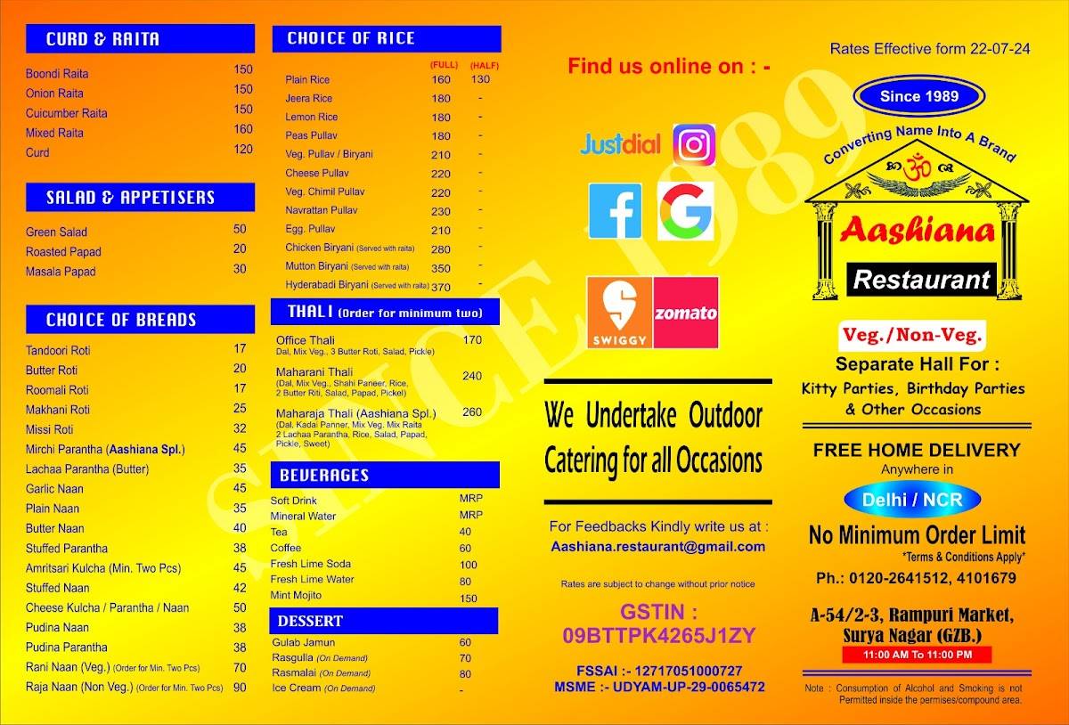 Aashiana Restaurant menu