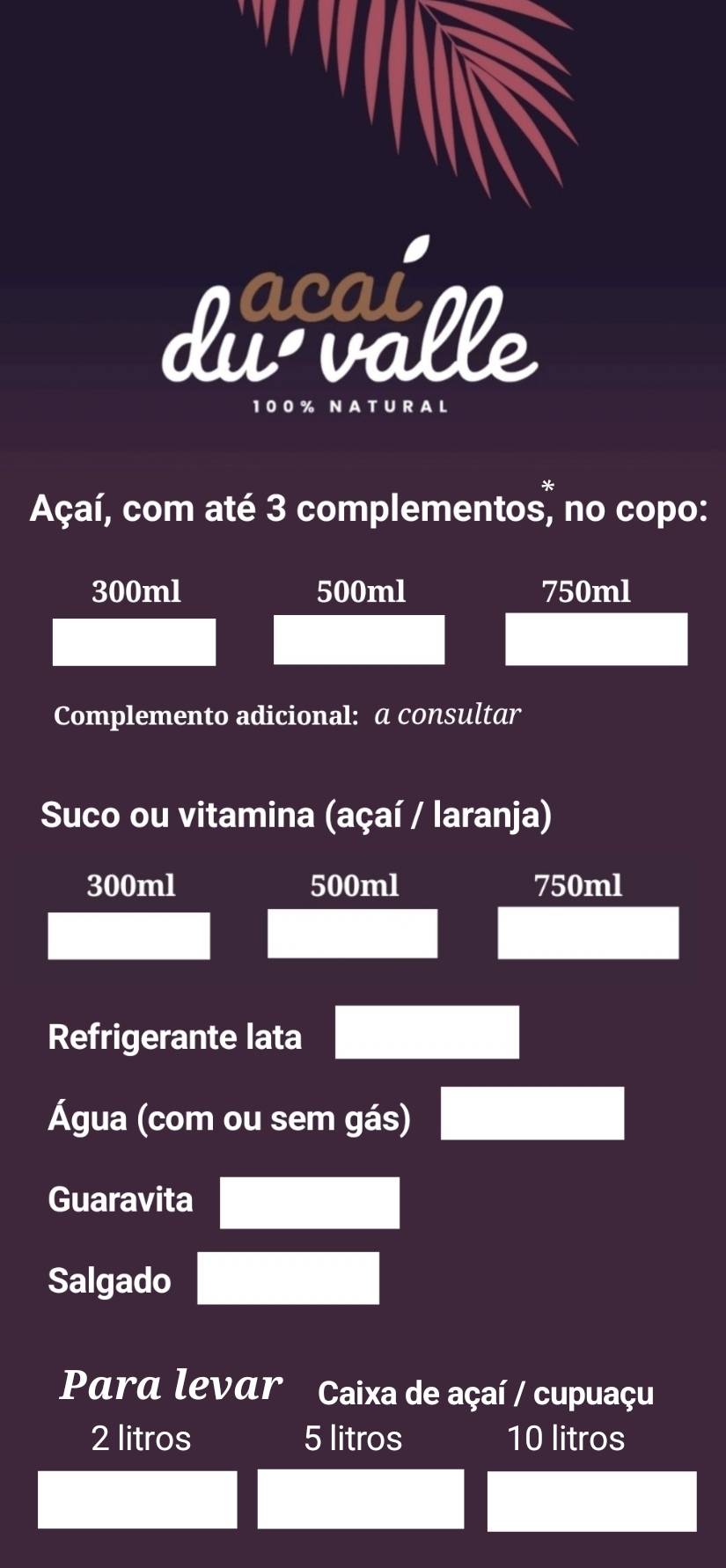 Açaí DuValle cardápio