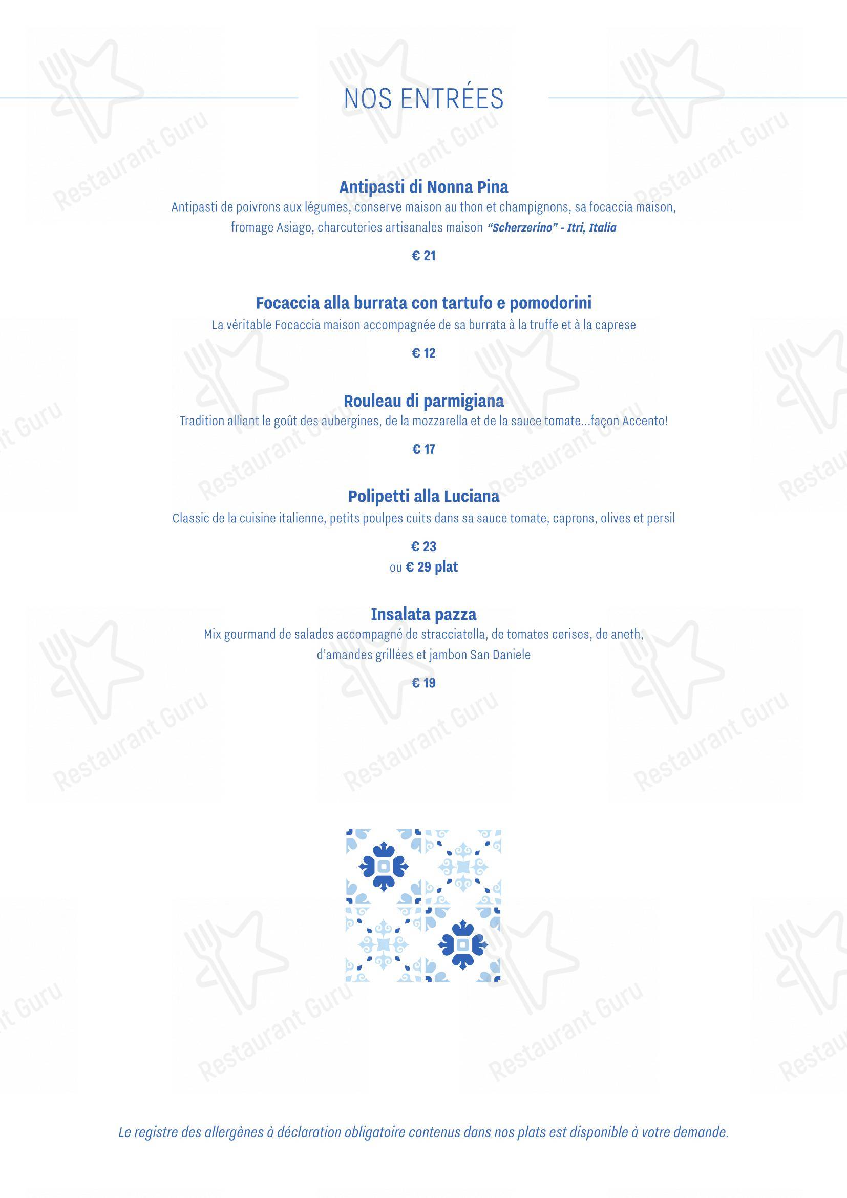 Menu pour Accènto - Menu
