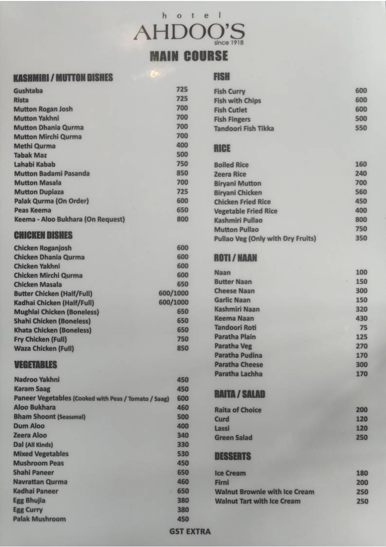 Ahdoos Restaurant menu