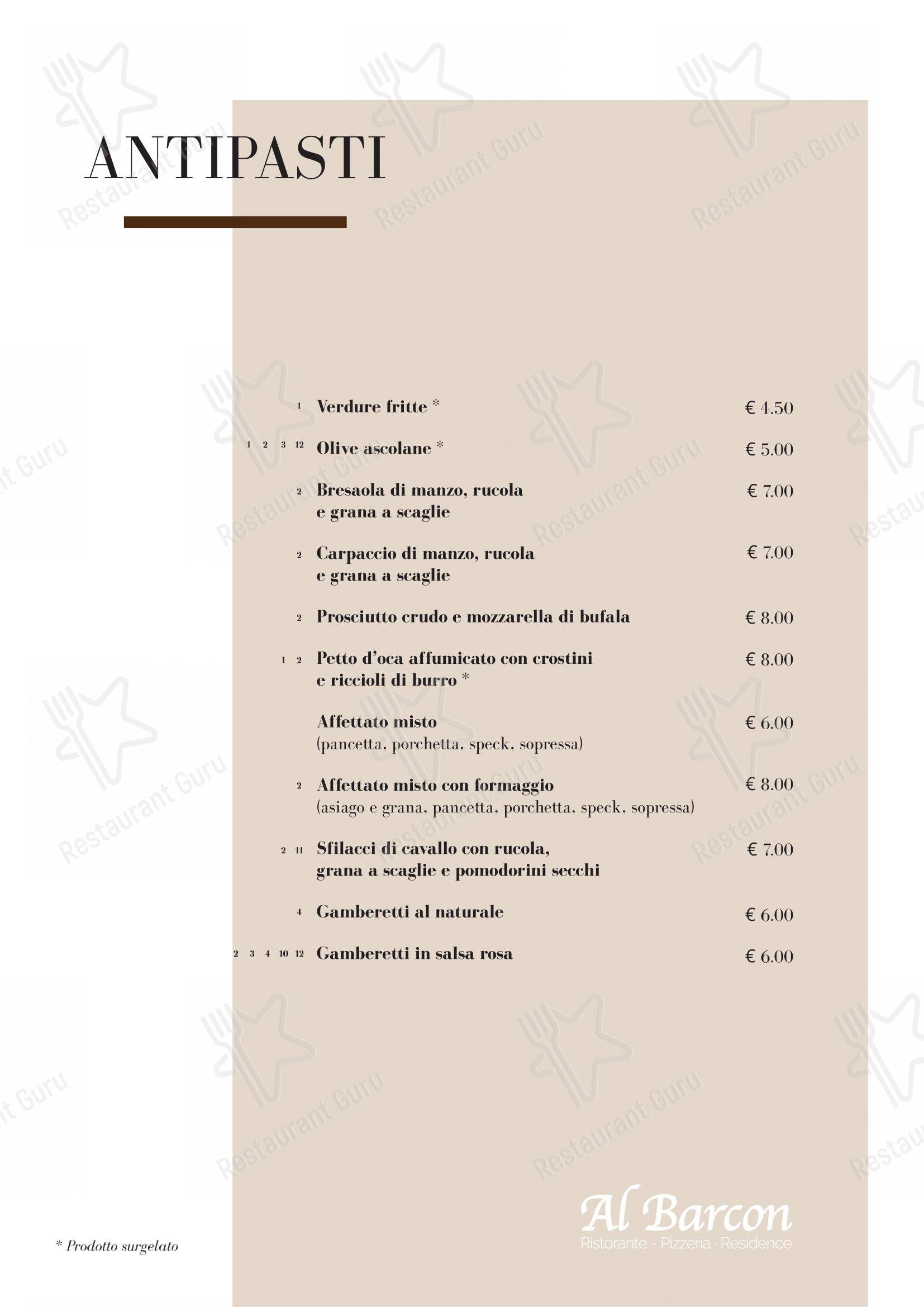 Menu di Al Barcon Ristorante-pizzeria e Residence - Menu bar