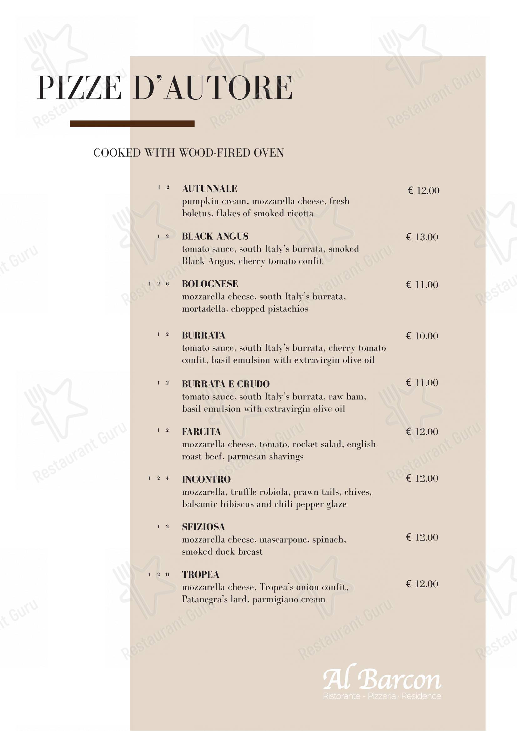 Основное меню per Al Barcon Ristorante-pizzeria e Residence ristorante