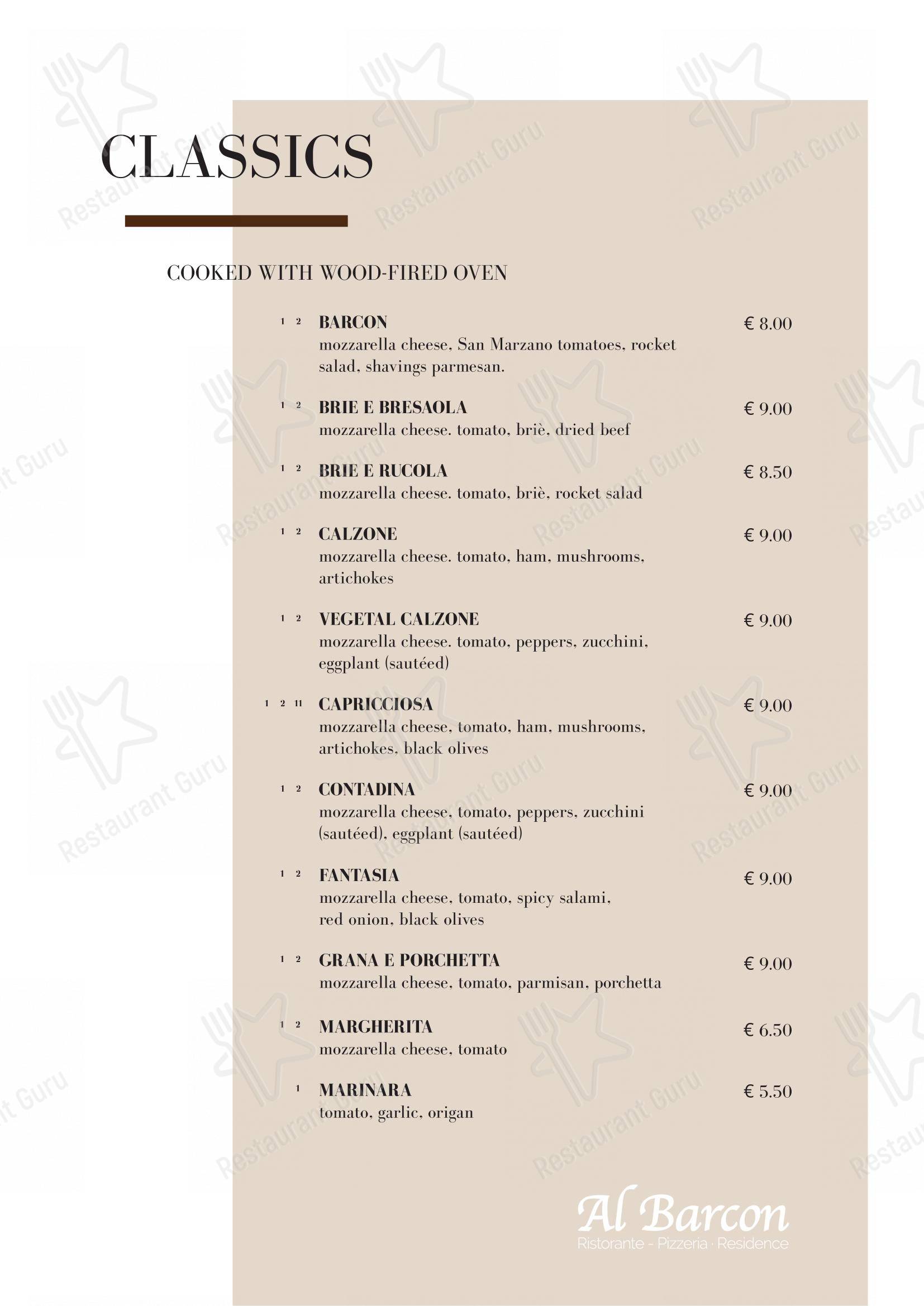 Основное меню per Al Barcon Ristorante-pizzeria e Residence ristorante