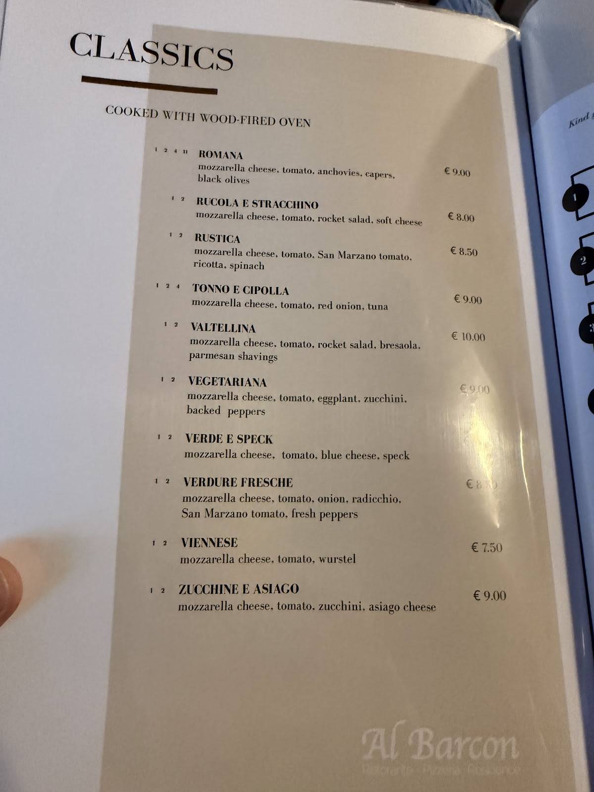 Menu di Al Barcon Ristorante-pizzeria e Residence 