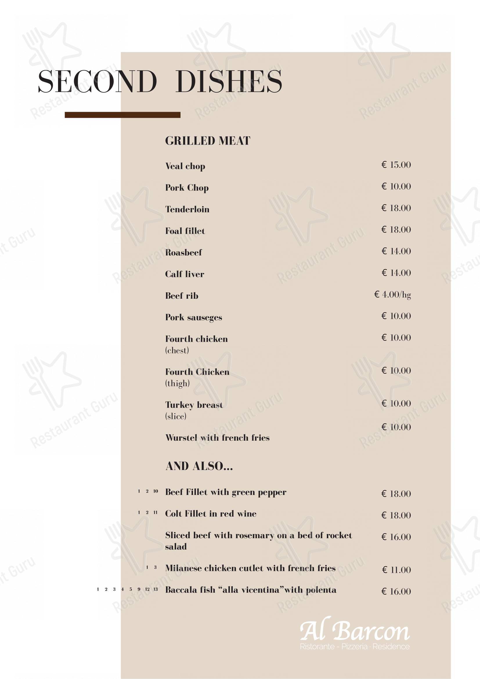 Al Barcon Ristorante-pizzeria e Residence in Sarcedo - Основное меню