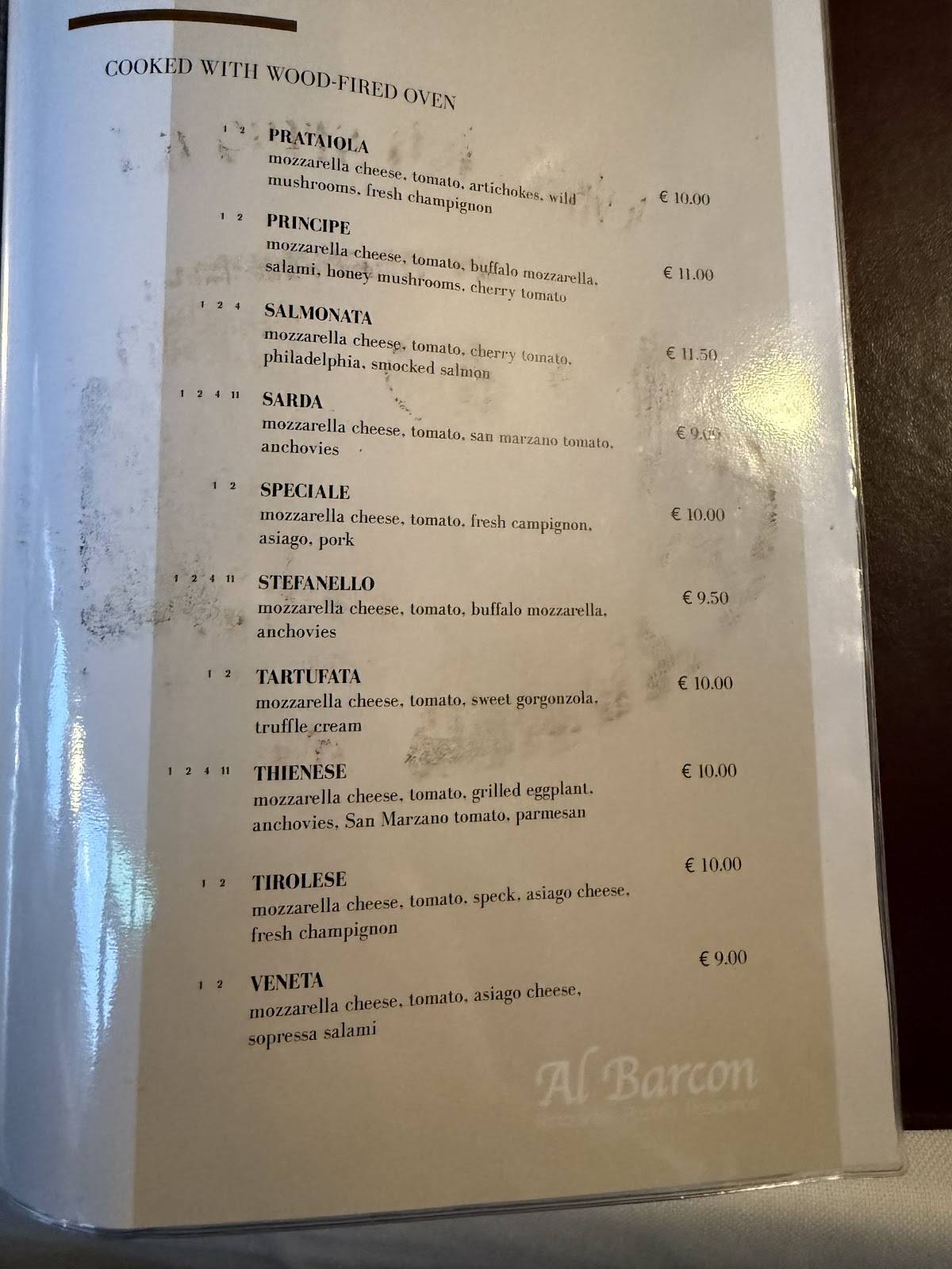 Menu di Al Barcon Ristorante-pizzeria e Residence 