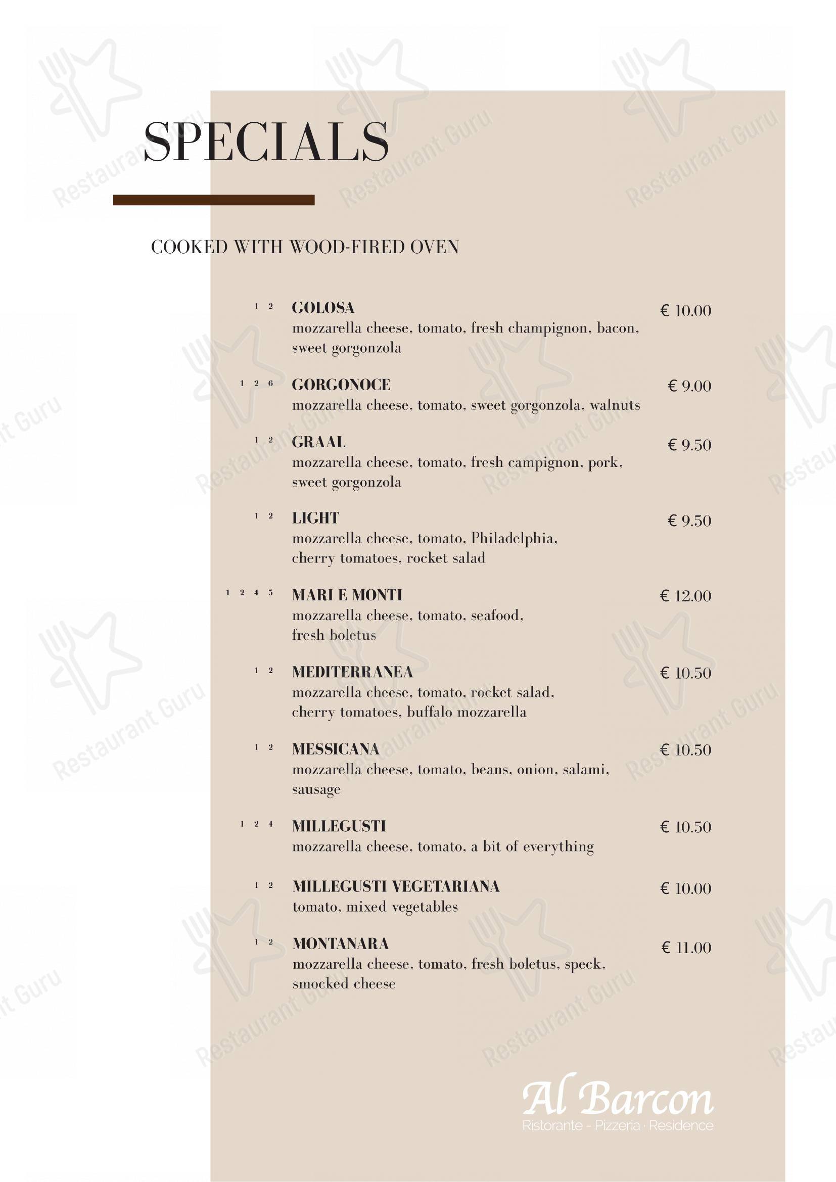 Al Barcon Ristorante-pizzeria e Residence in Sarcedo - Основное меню