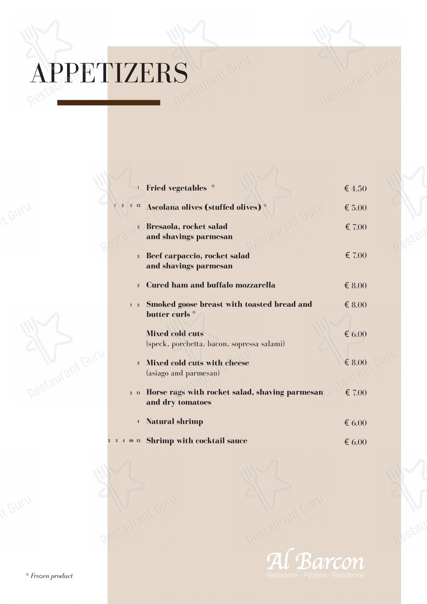 Основное меню per Al Barcon Ristorante-pizzeria e Residence ristorante