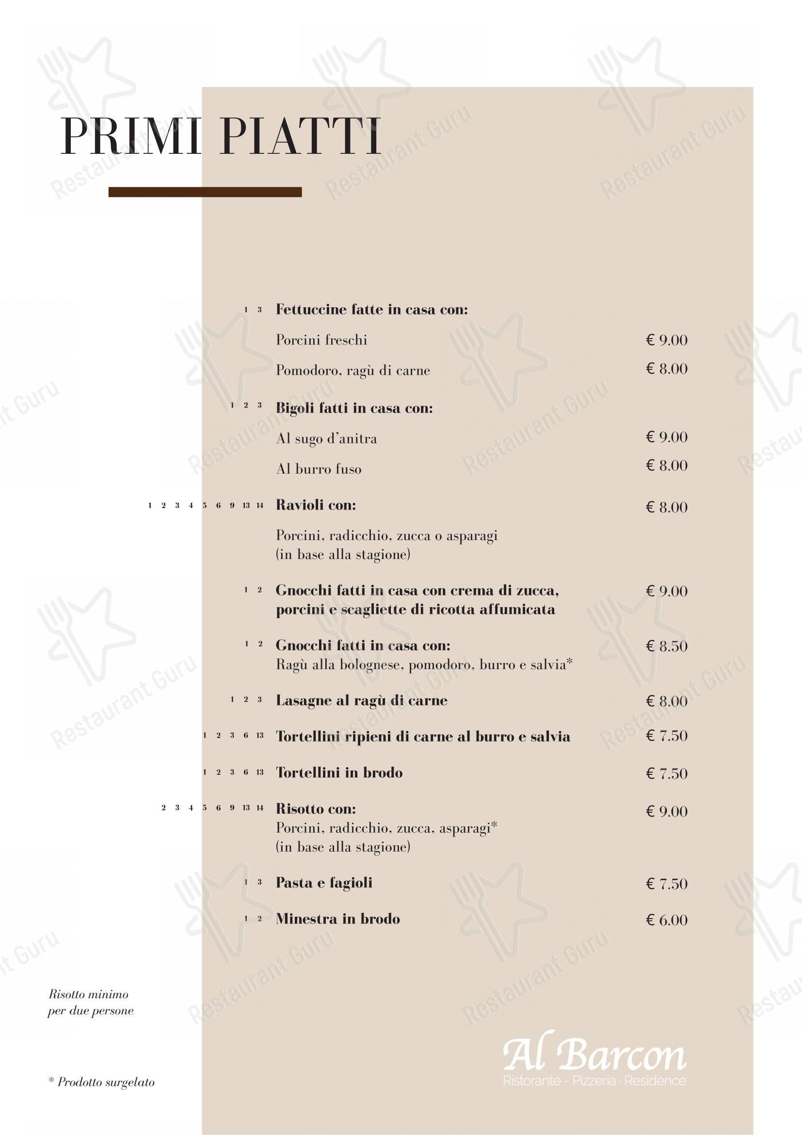 Al Barcon Ristorante-pizzeria e Residence in Sarcedo - Menu bar