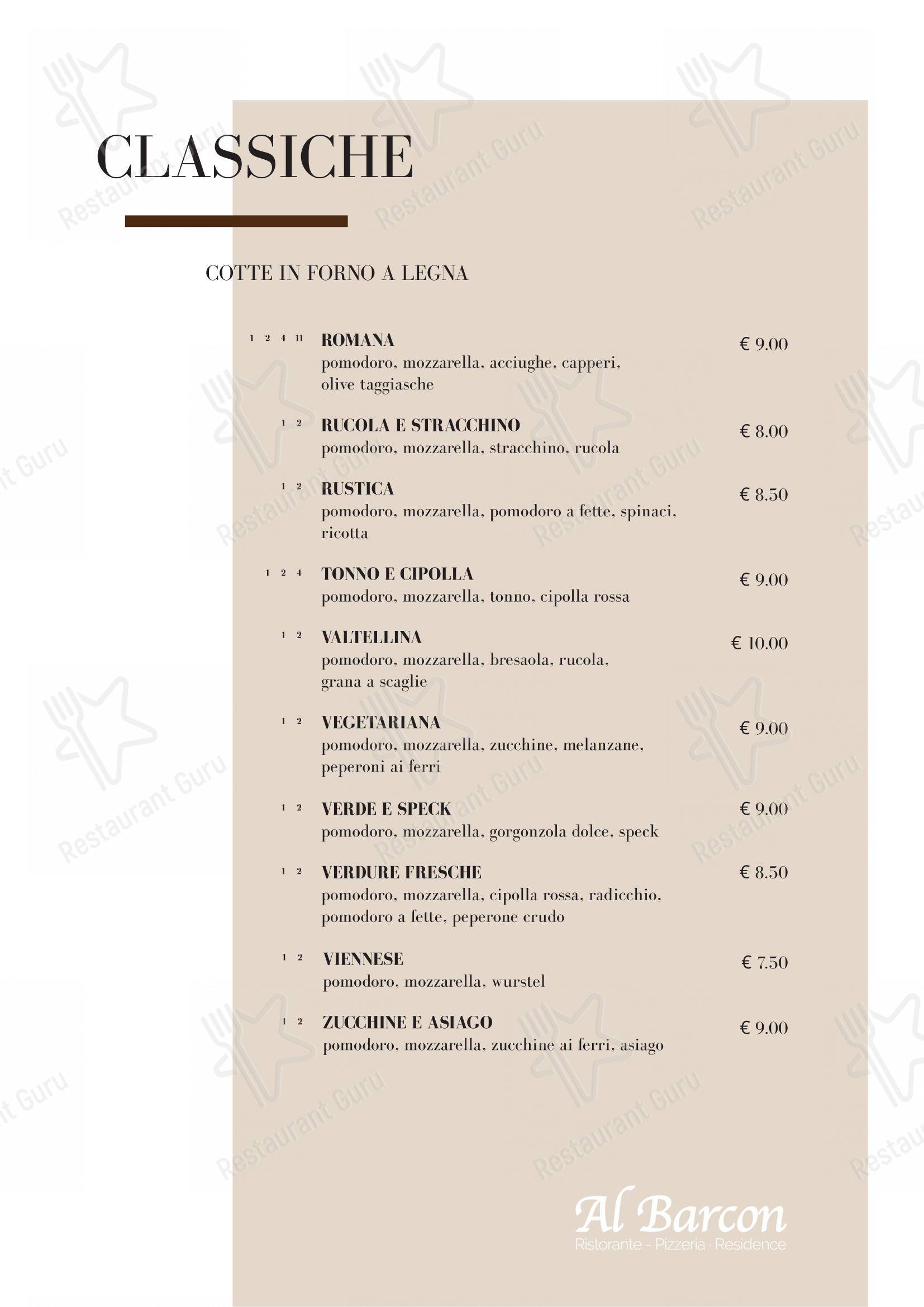 Menu di Al Barcon Ristorante-pizzeria e Residence - Menu bar