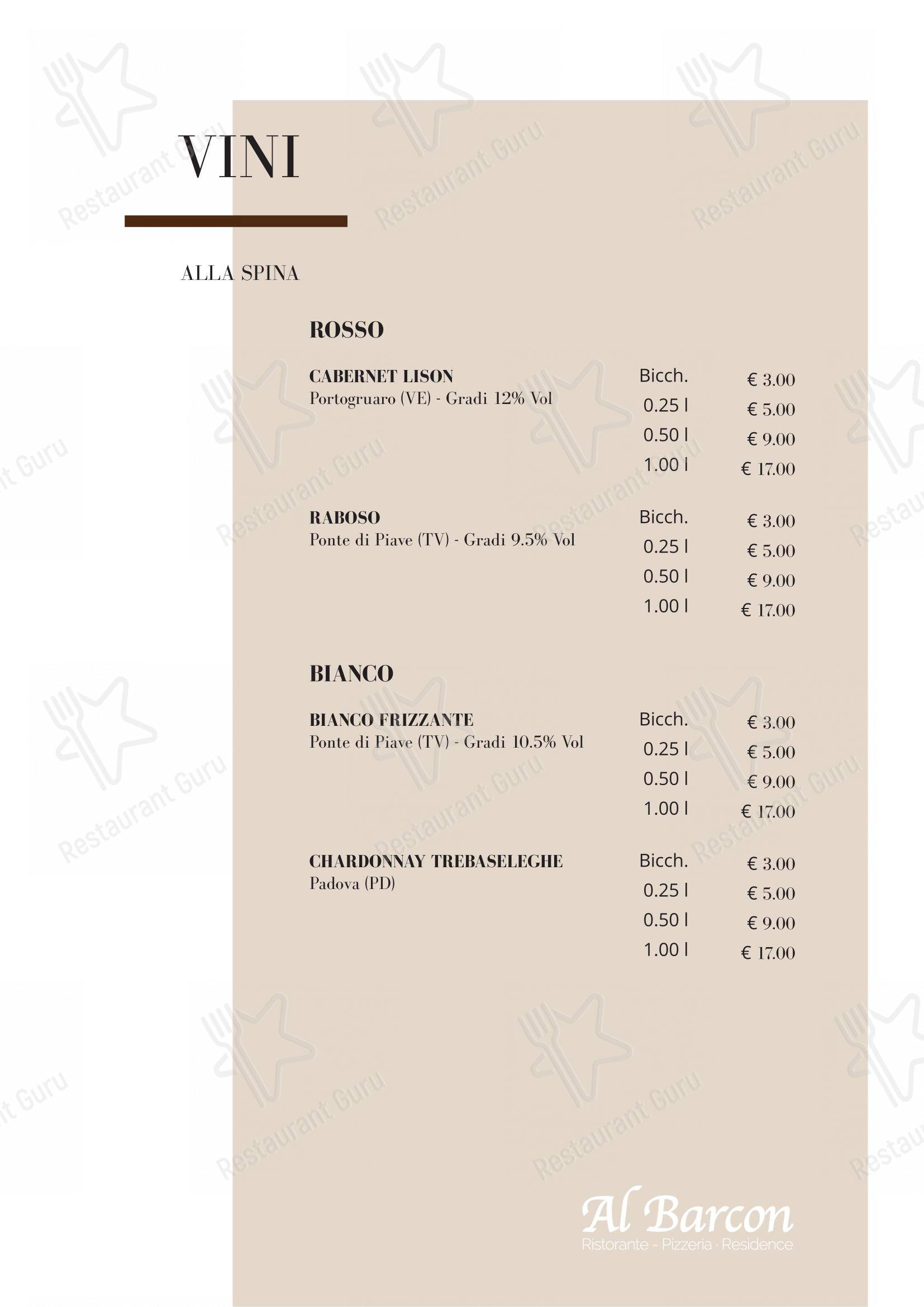 Menu bar per Al Barcon Ristorante-pizzeria e Residence in Sarcedo