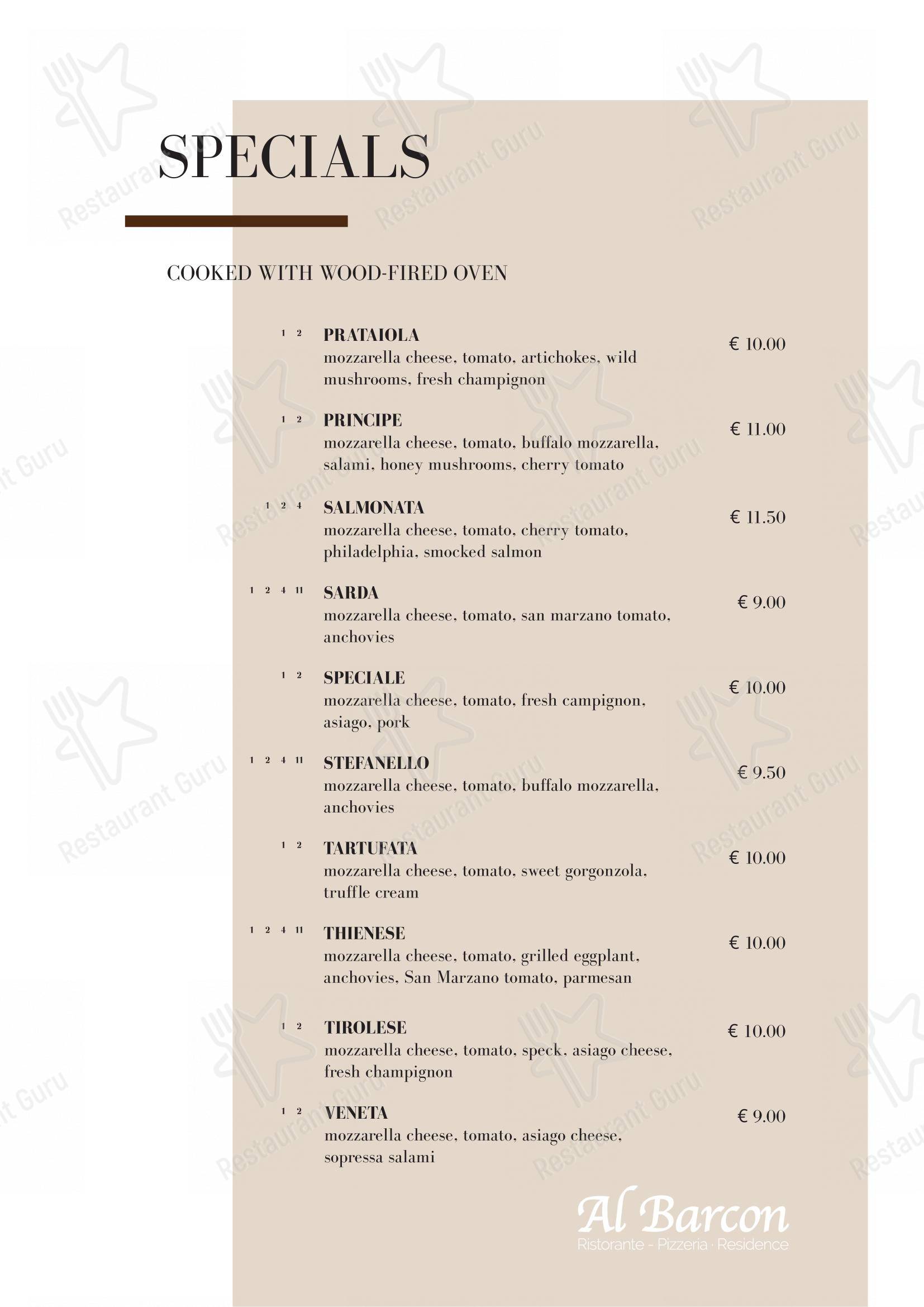 Menu di Al Barcon Ristorante-pizzeria e Residence - Основное меню