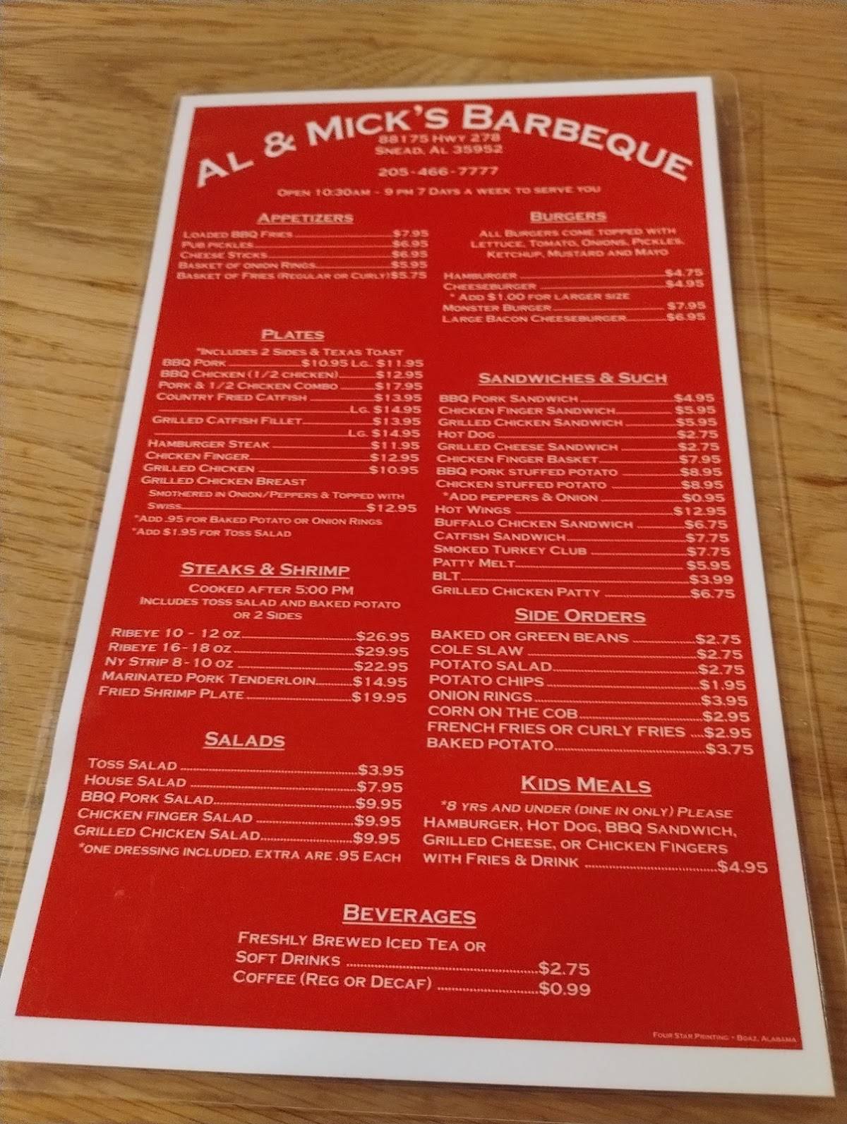 Menu at Al & Mick's Barbeque, Snead