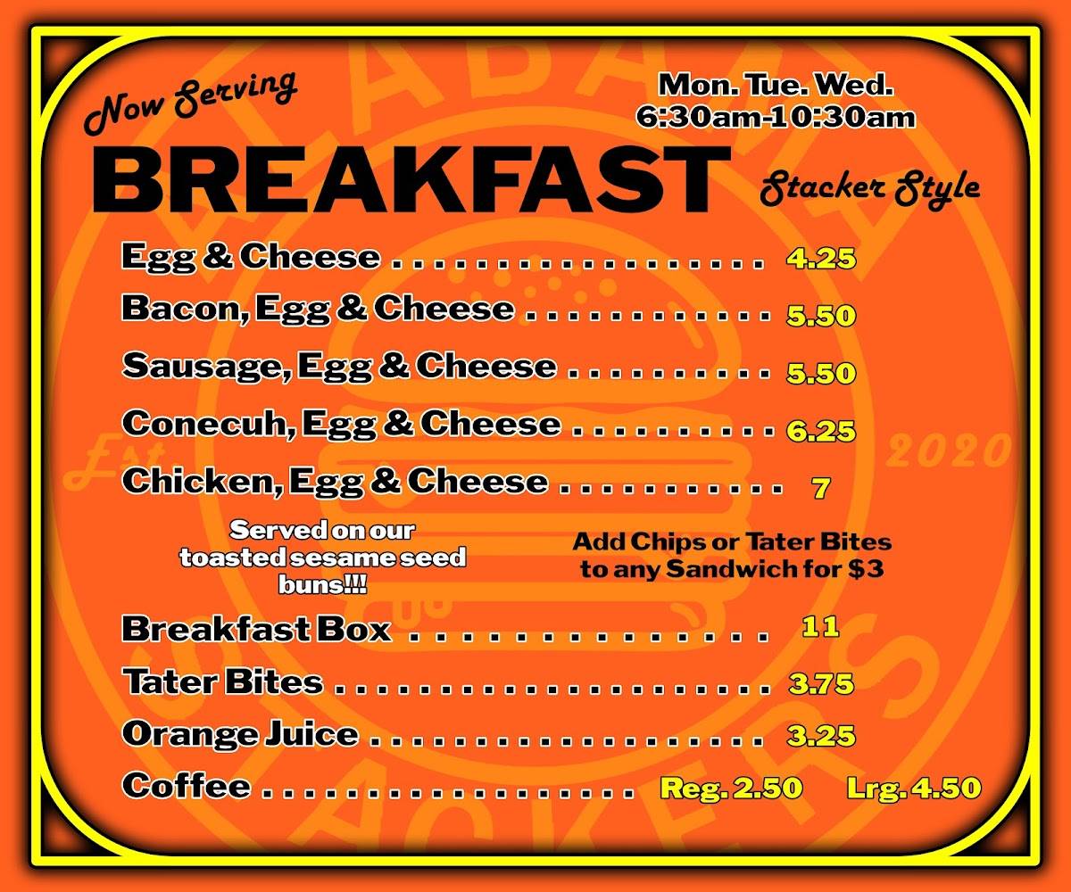 Carta del restaurante Alabama Stackers, Jasper