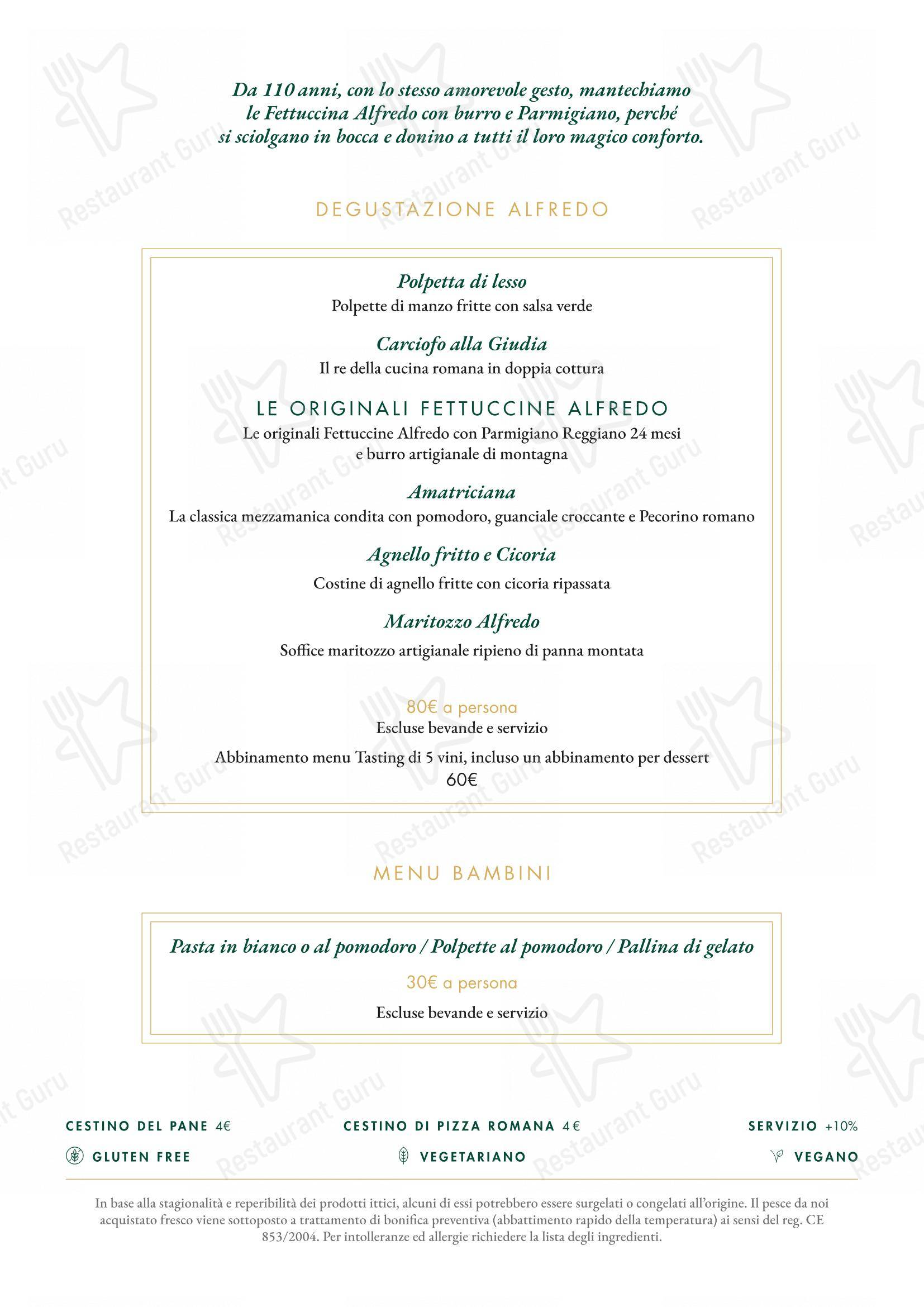 Menu bar per Ristorante Alfredo alla Scrofa in Roma
