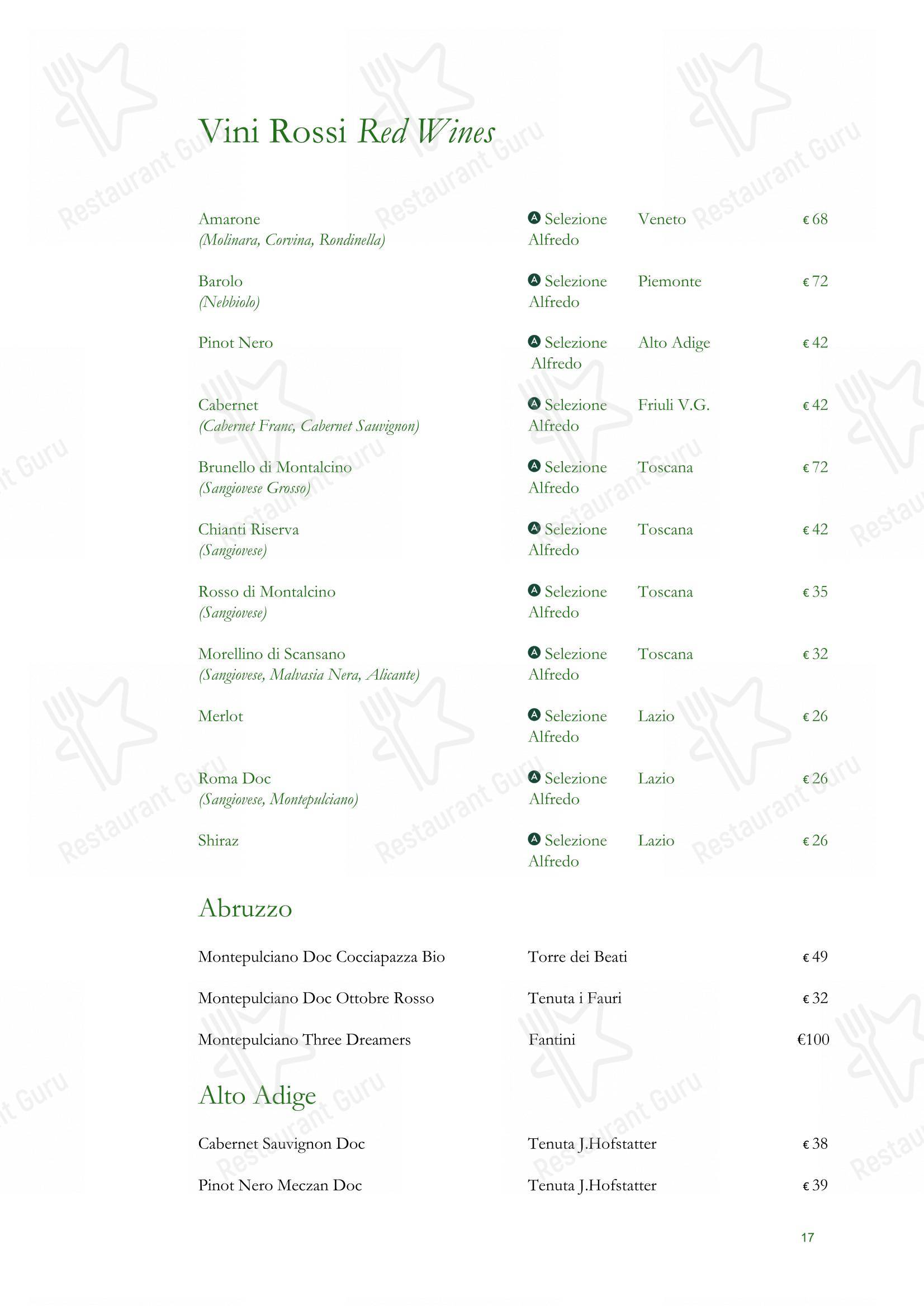 Menu di Ristorante Alfredo alla Scrofa - Ночное меню