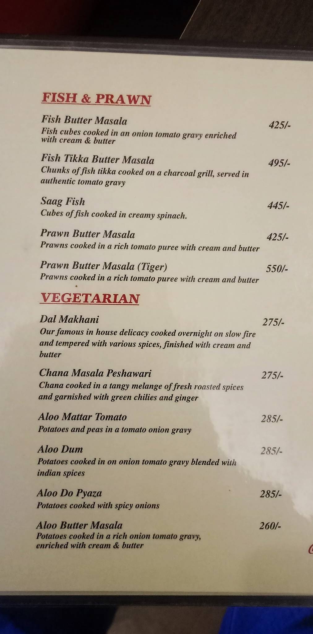 Amber Restaurant menu