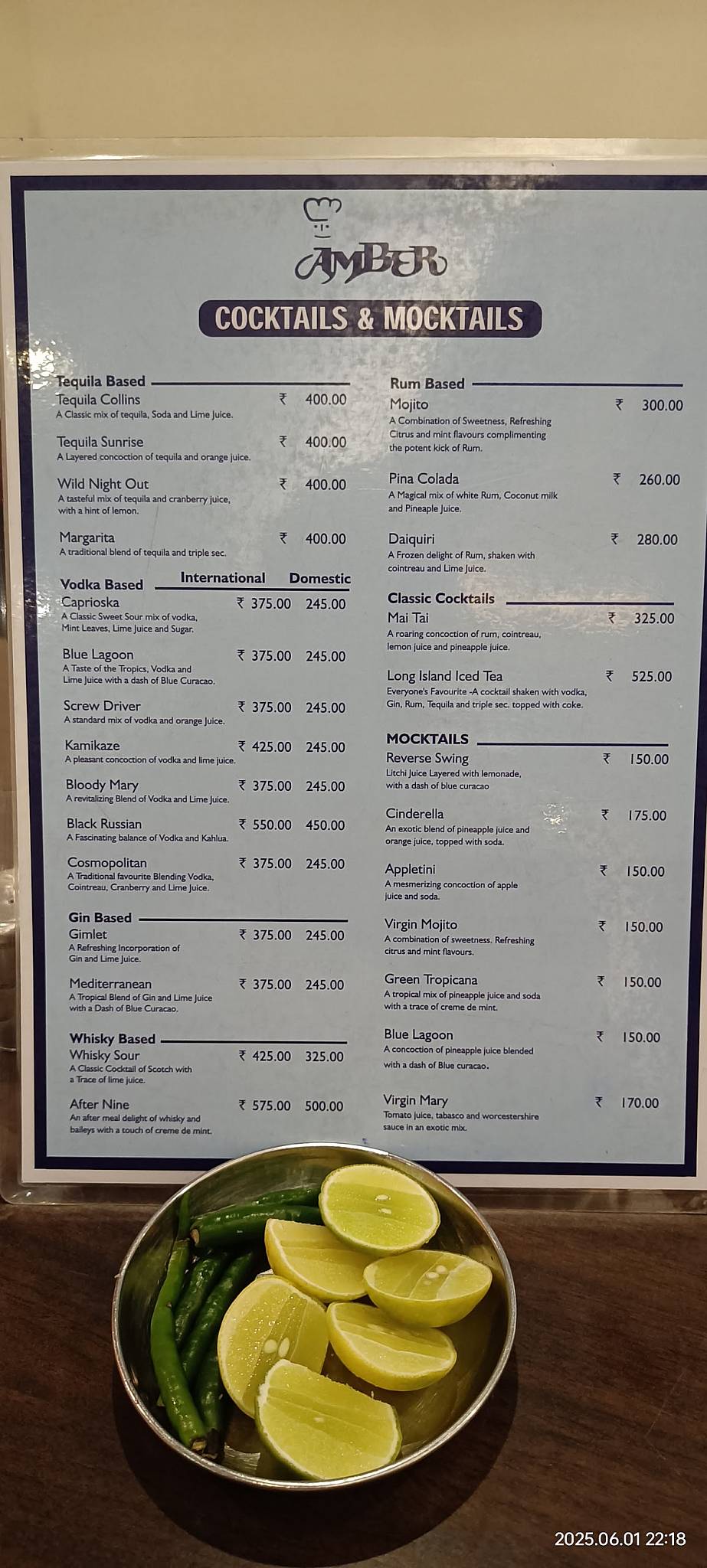 Amber Restaurant menu
