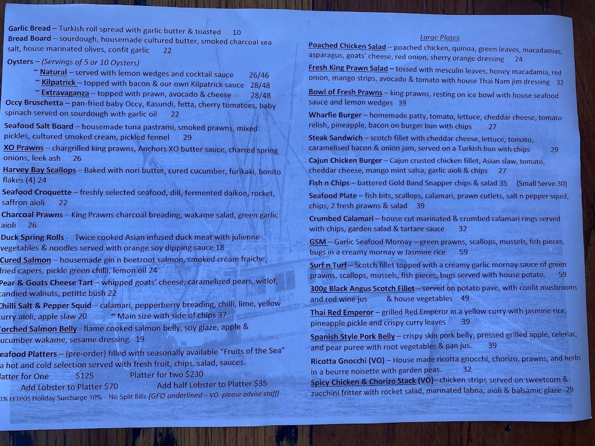 Menu at Anchors Wharf Cafe & Restaurant, Urunga