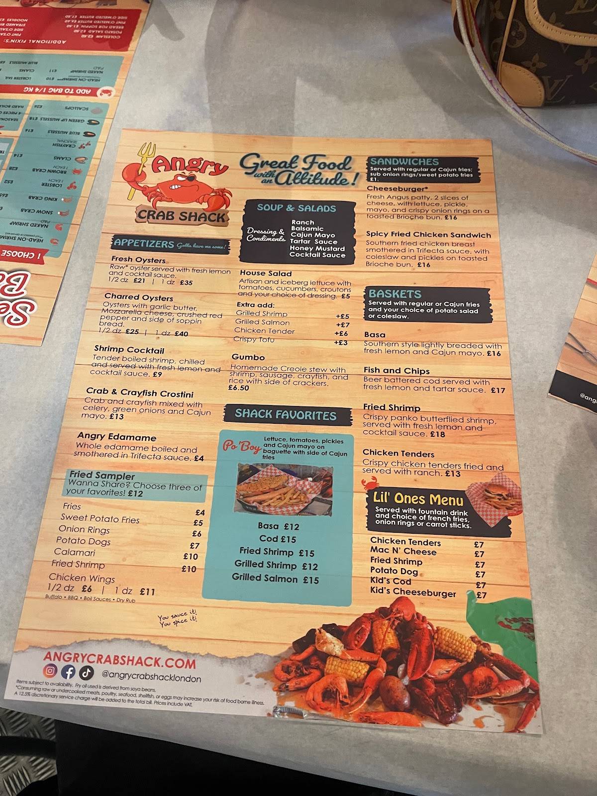 Menu at Angry Crab Shack restaurant, London