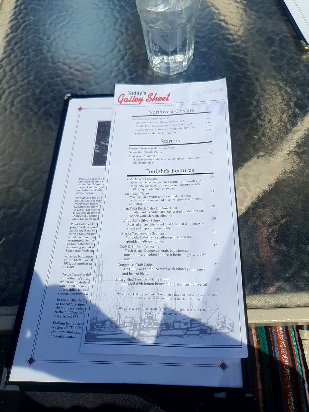 Menu at Anthony's At Point Defiance restaurant, Tacoma