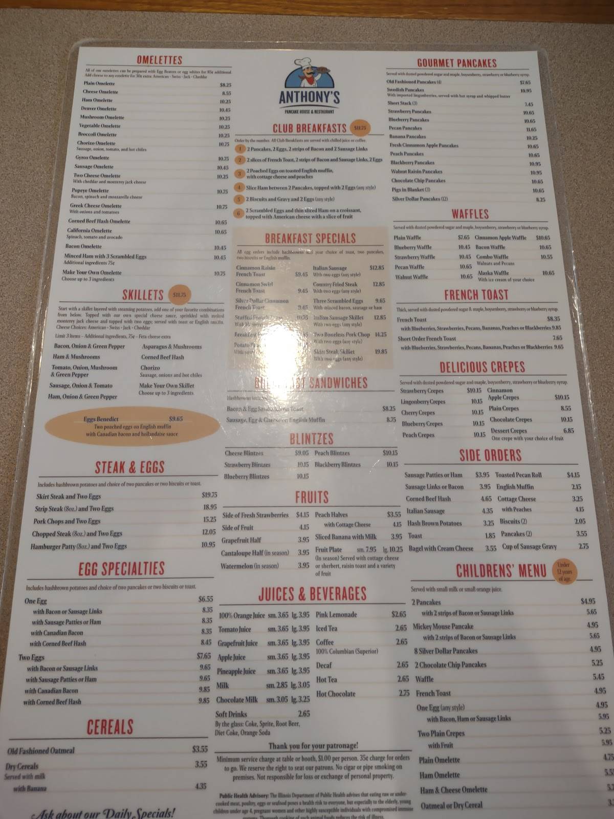 Menu at Anthony's Pancake House & Restaurant, Lockport