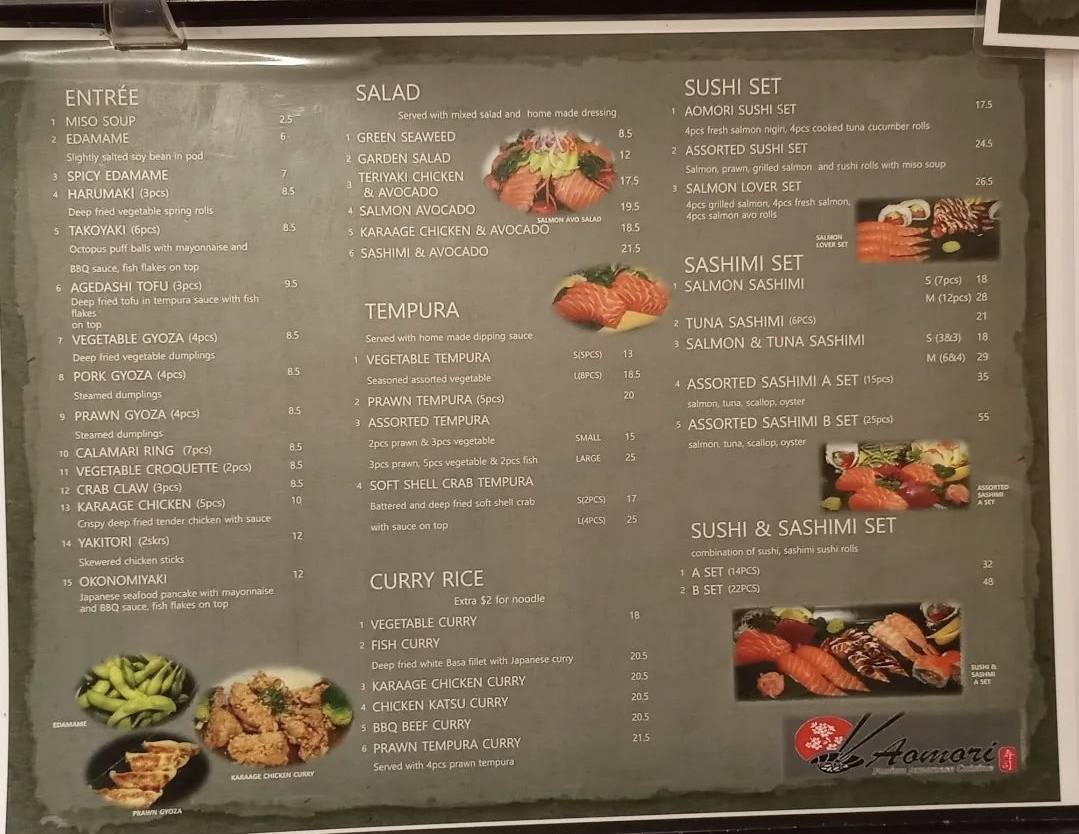 Menu at Aomori sushi in Caringbah NSW restaurant, Caringbah, Shop 2/336338 Kingsway