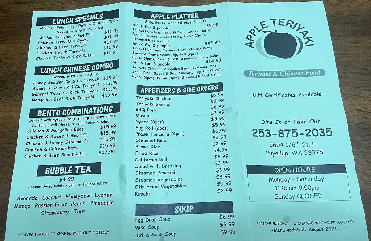 Menu at Apple Teriyaki restaurant, Frederickson, 176th St E