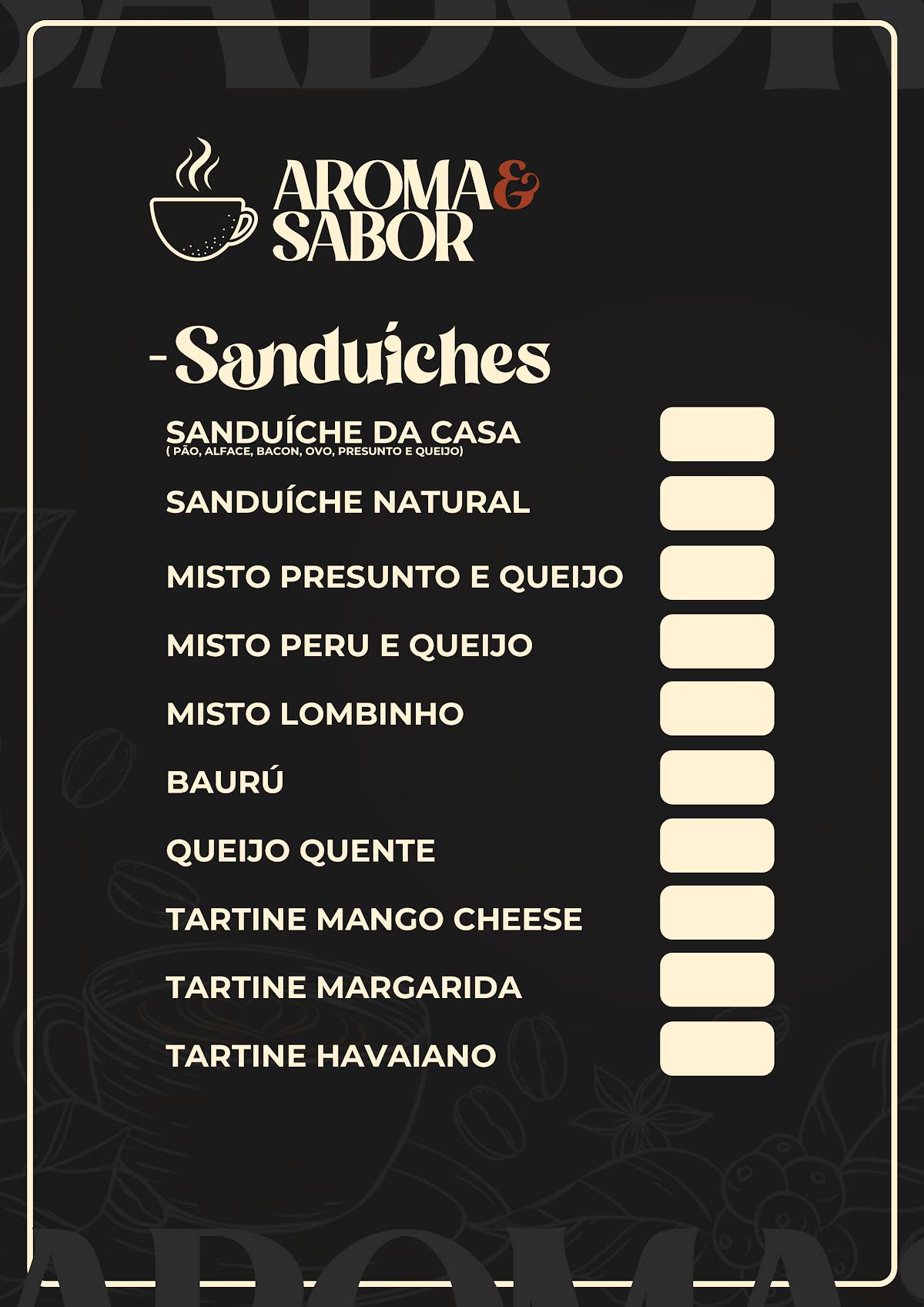 Café Aroma e Sabor cardápio