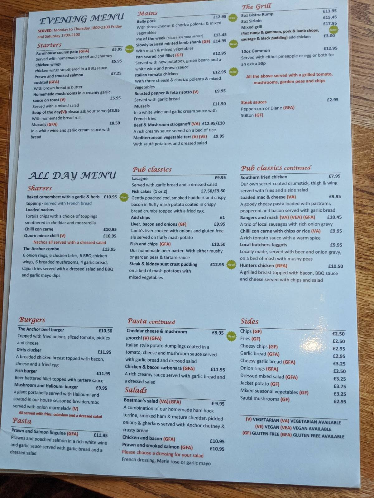 Menu at The Anchor Inn Hartshill pub & bar, Nuneaton