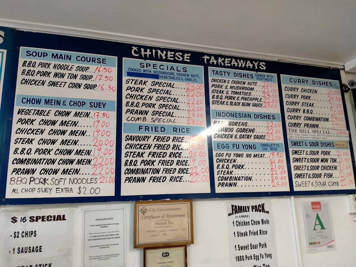 Menu at Hill Takeaways fast food, Pukekohe