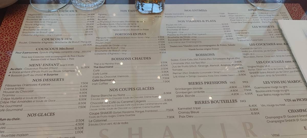 Menu au Shakir restaurant, AulnoylezValenciennes