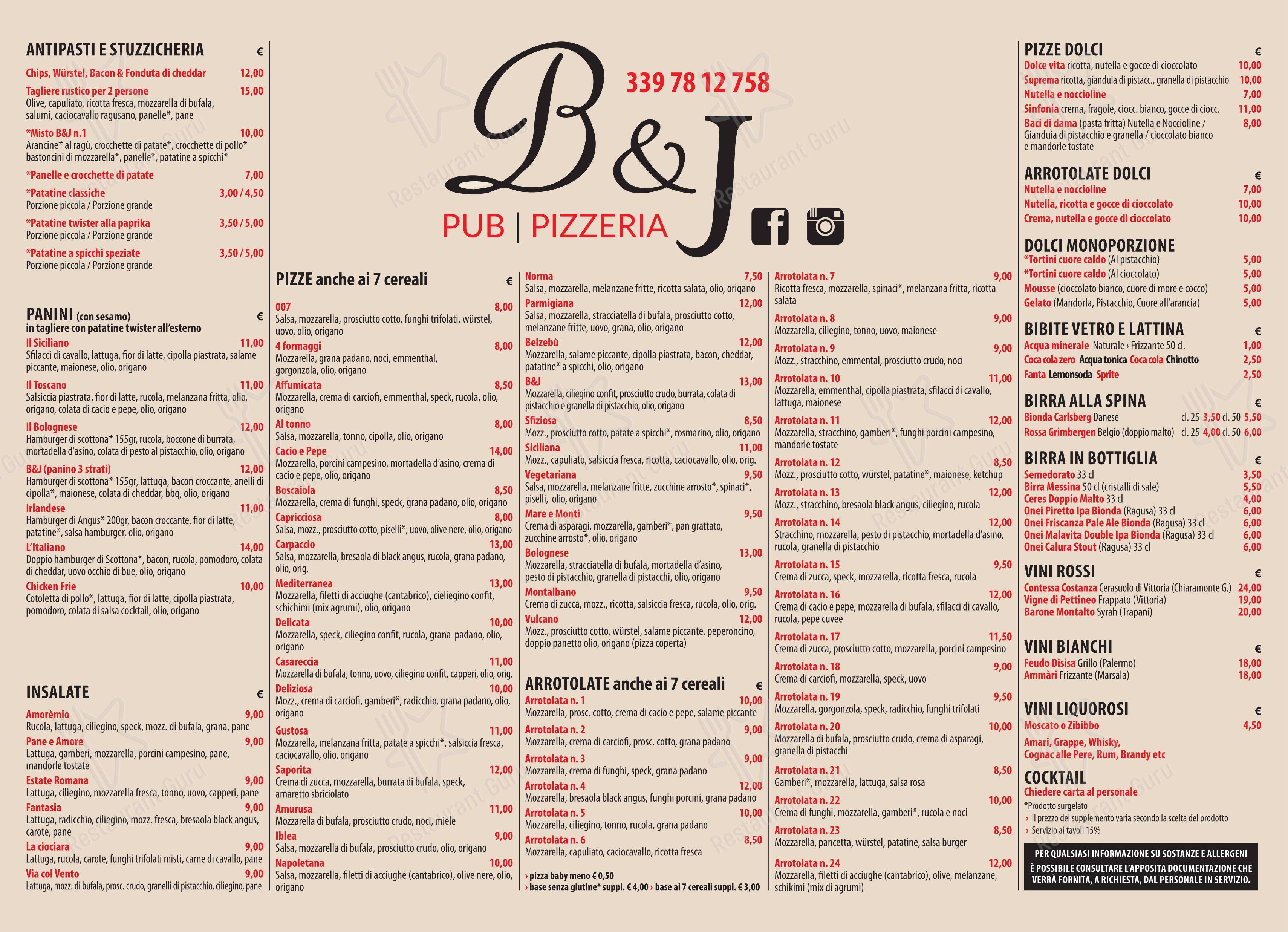 Menu per B&J pub pizzeria ristorante