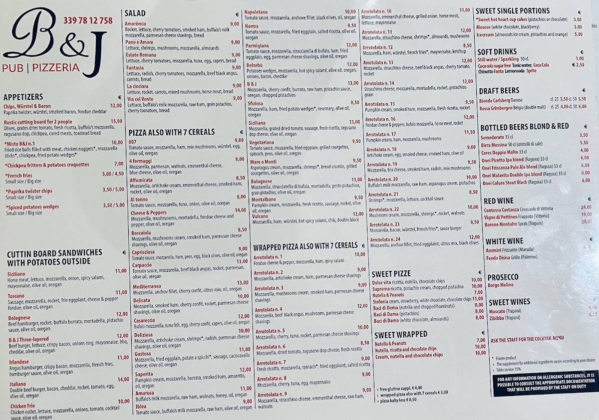 Menu de B&J pub pizzeria