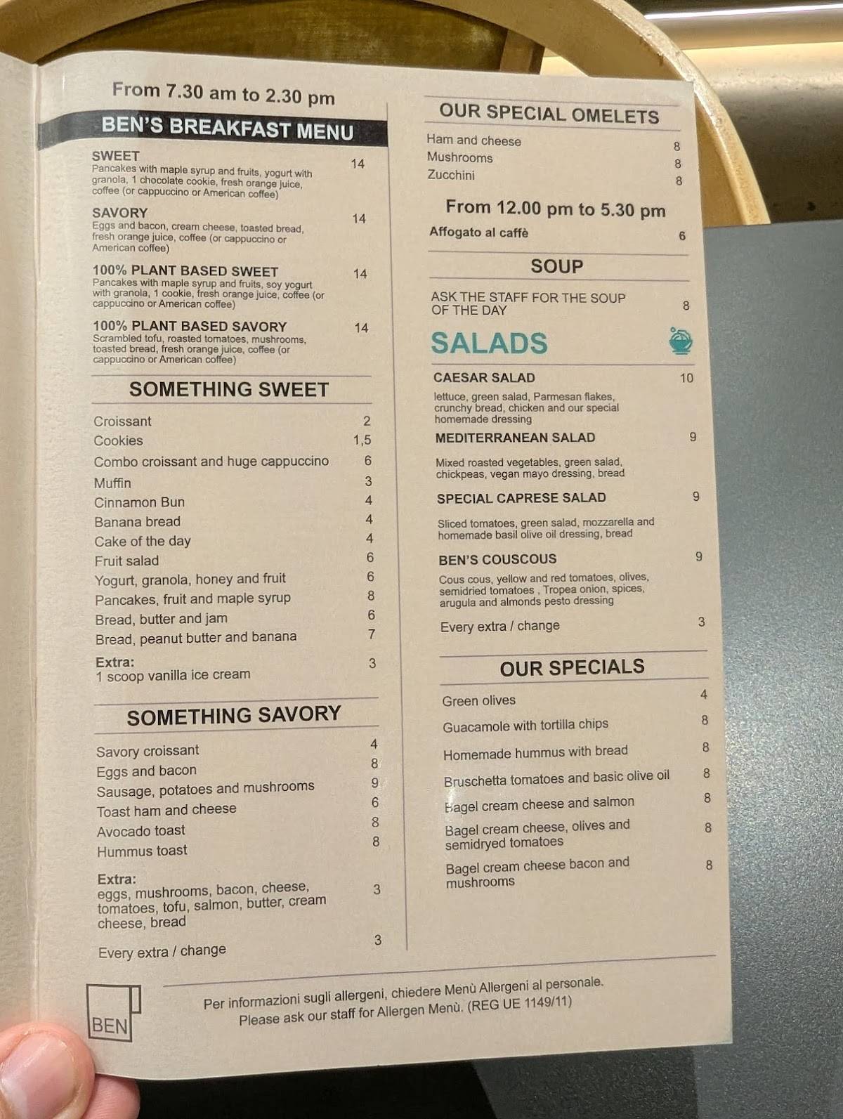 Menu di BEN Caffè 